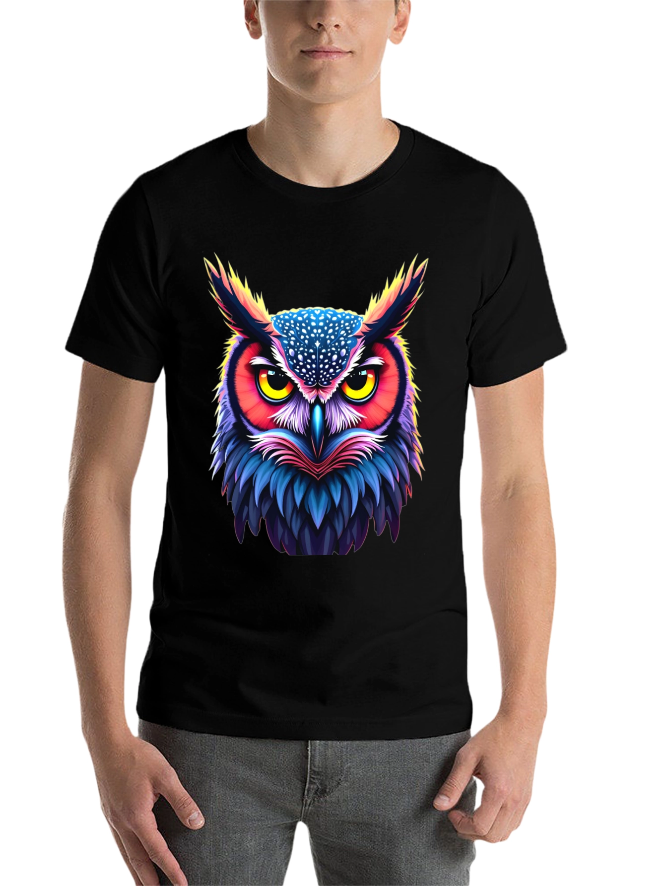 Black Vibrant Owl Graphic Tee - Unisex Black T-Shirt view 7