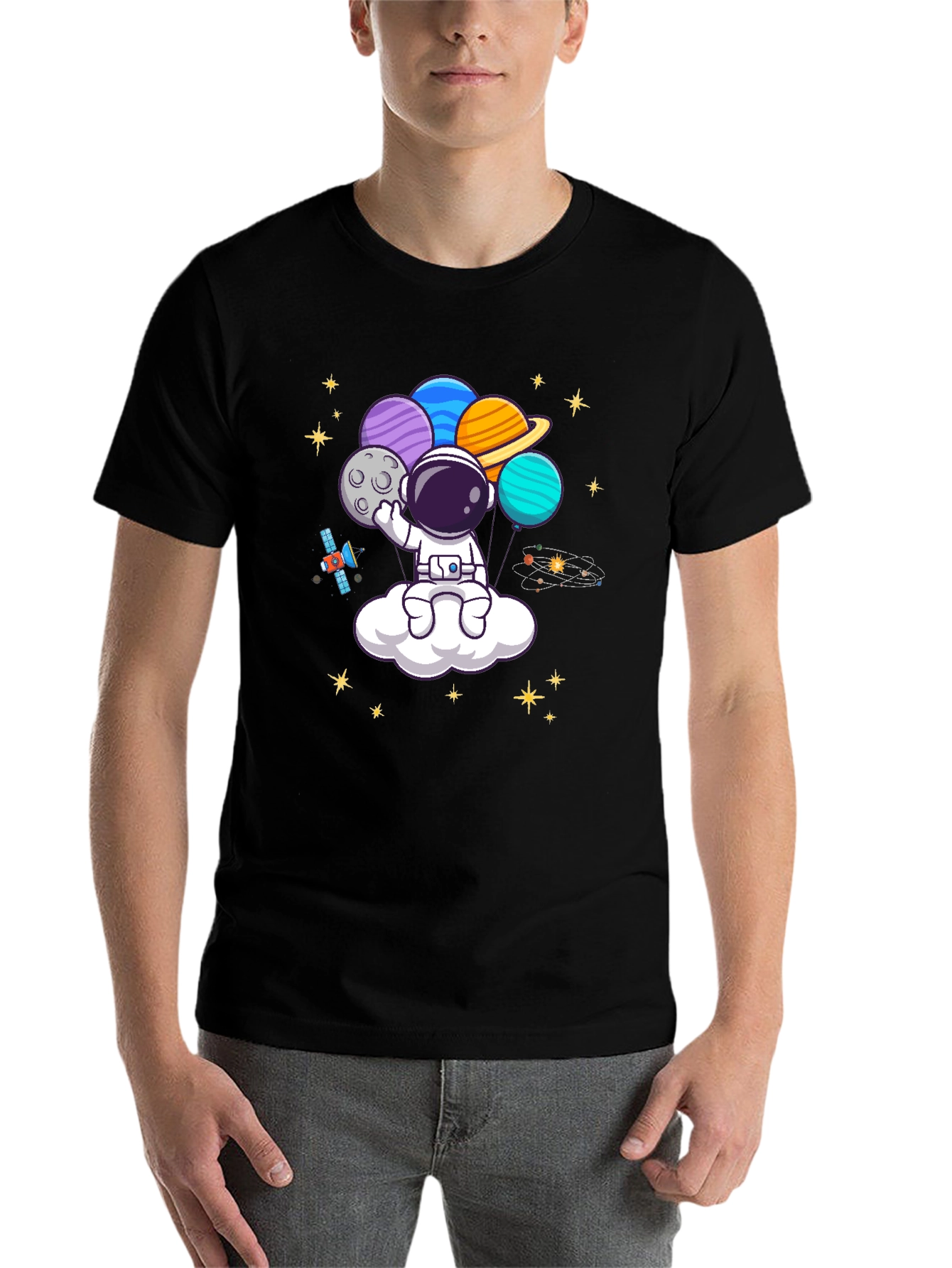Black Astronaut Planet Balloons Graphic Tee - Black view 7