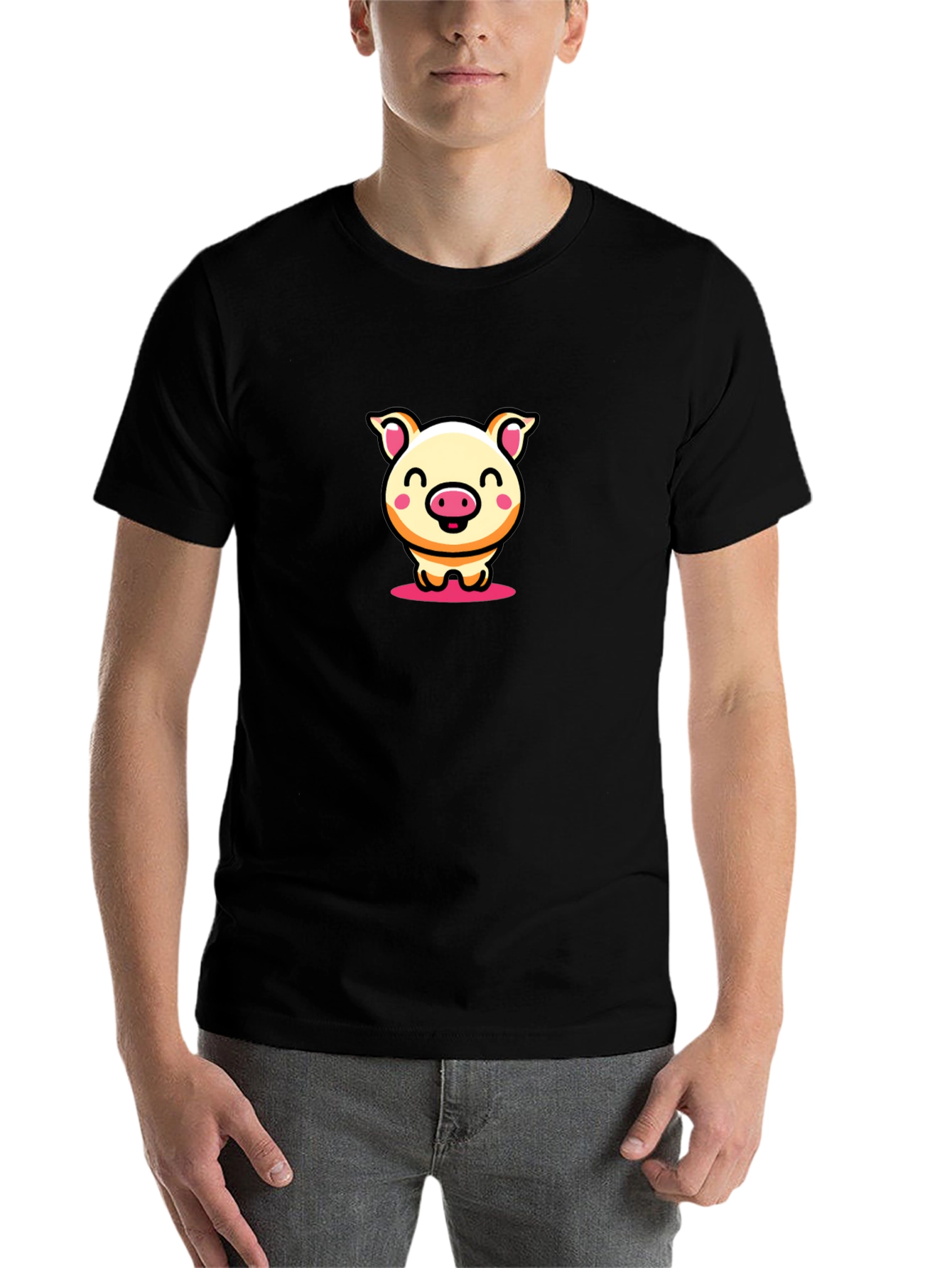 Black Cute Pig Cartoon Black T-Shirt view 7
