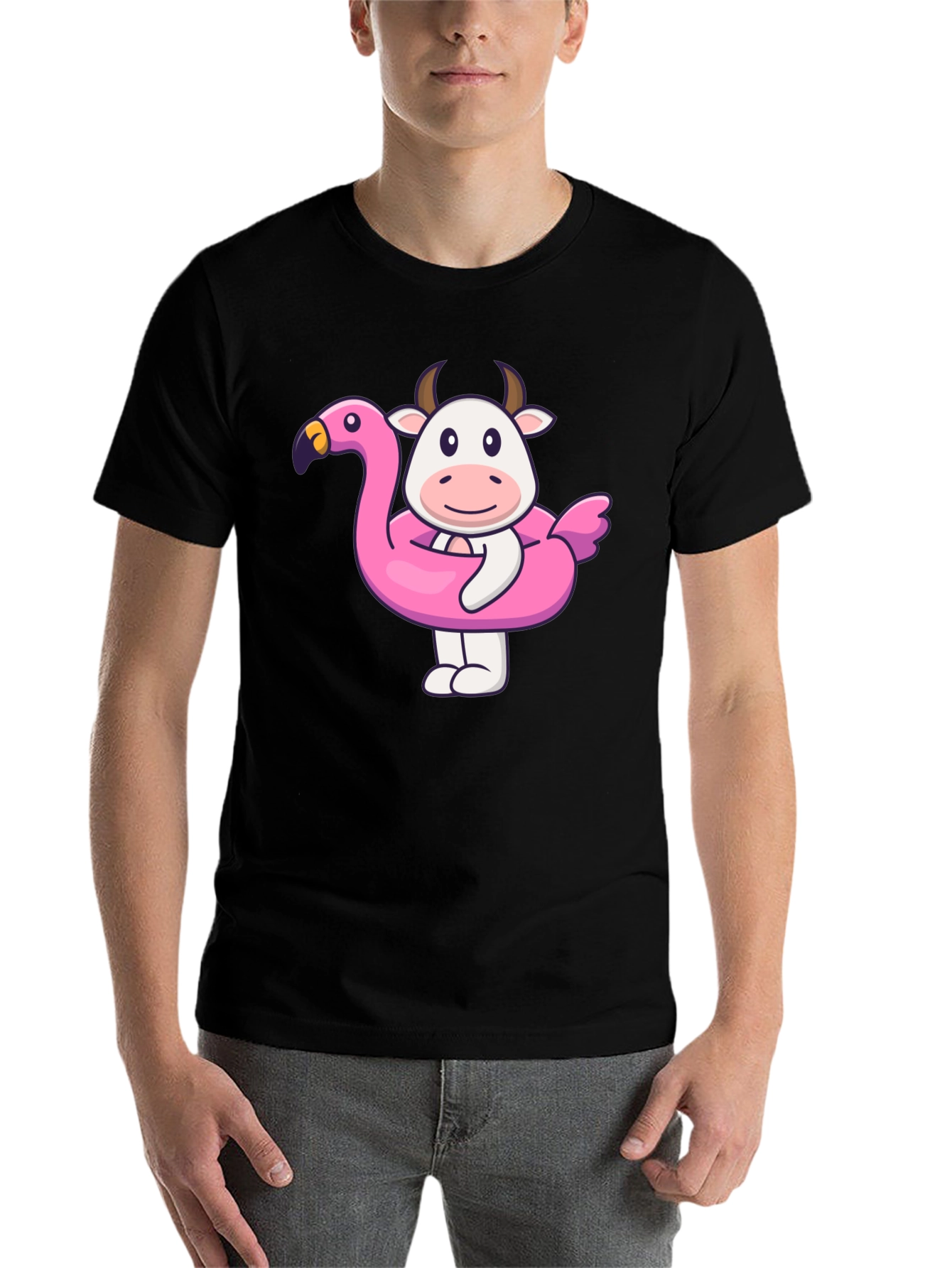 Black Funny Cow Flamingo Pool Float Black T-Shirt view 7
