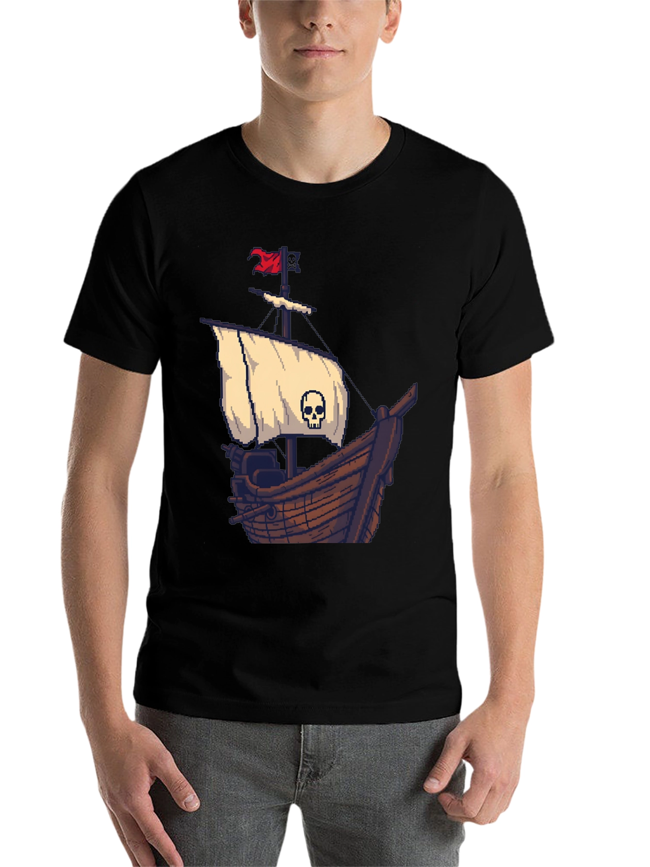 Pirate Ship Pixel Art Black T-Shirt - 7