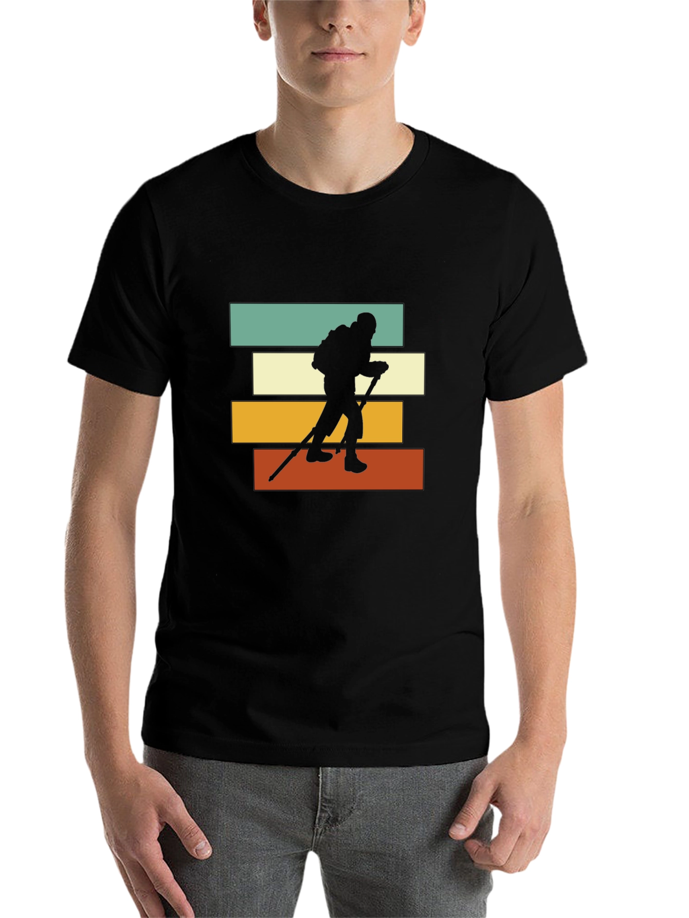 Black Hiking Silhouette Retro Striped T-Shirt view 7