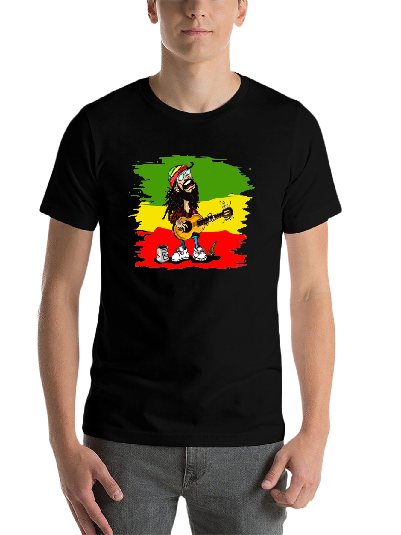 Black Rasta Cartoon Guitarist T-Shirt view 7