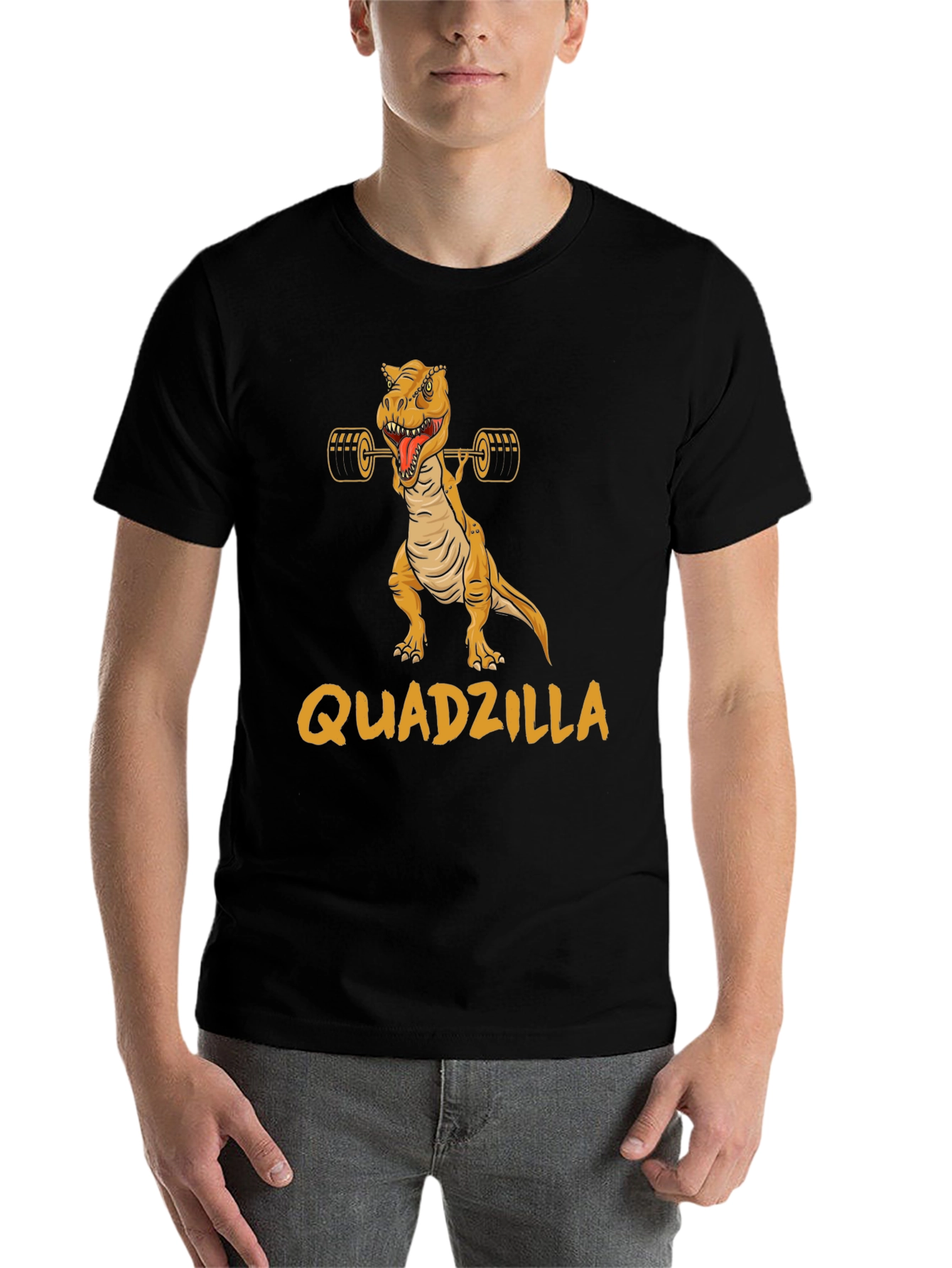 Black Quadzilla Weightlifting Dinosaur Graphic T-Shirt view 7