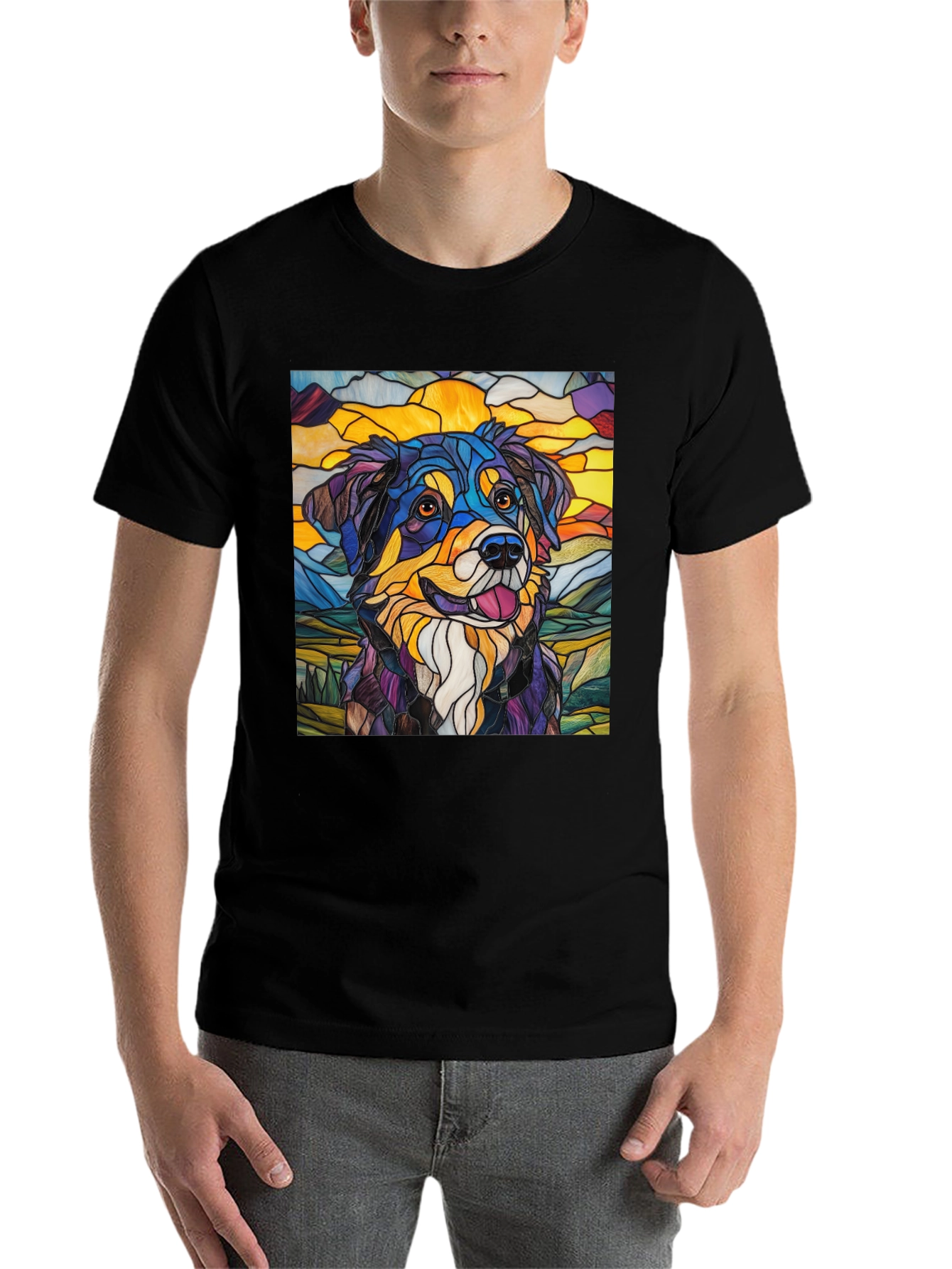 Black Stained Glass Dog Art Tee view 7