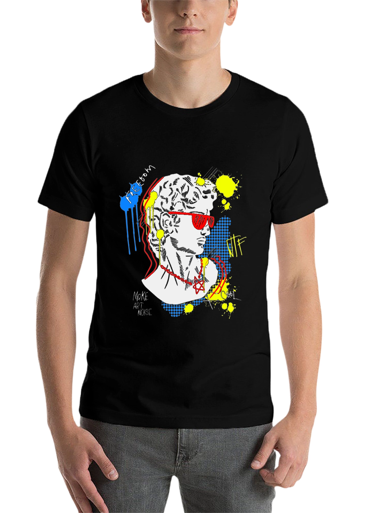 Black Pop Art David Graphic Tee - Unisex Black T-Shirt view 7