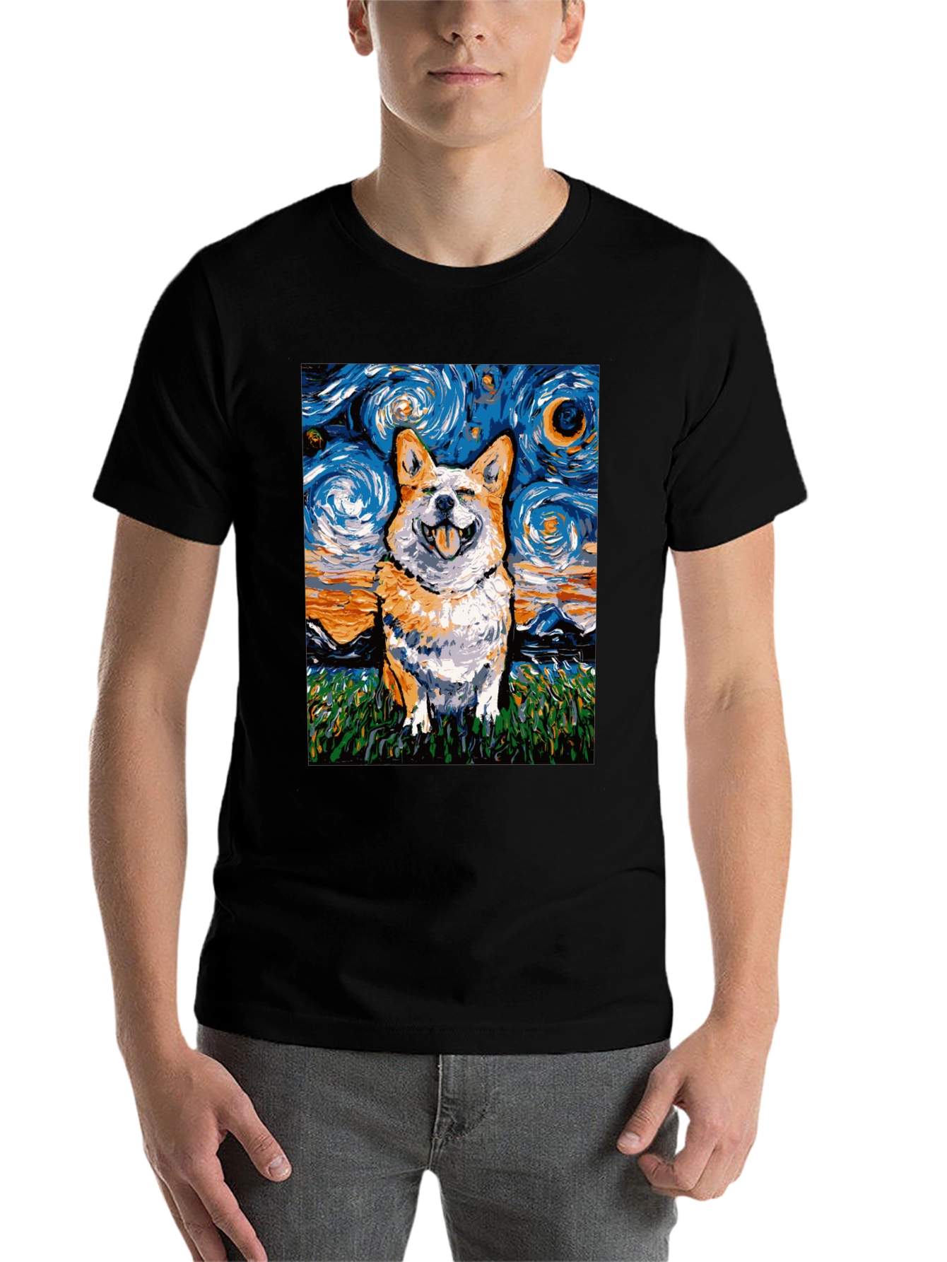 Black Starry Night Corgi T-Shirt - Artistic Dog Lover Tee view 7