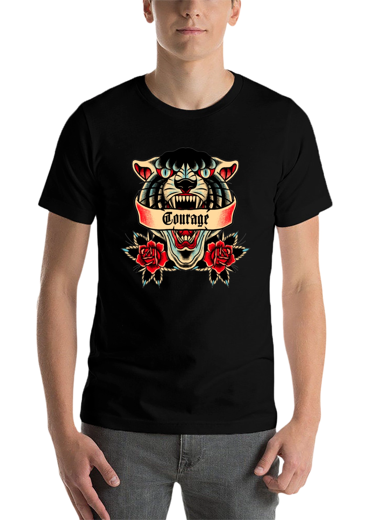 Courage Tattoo Style Graphic Tee - Men's Black Cotton T-Shirt - 7