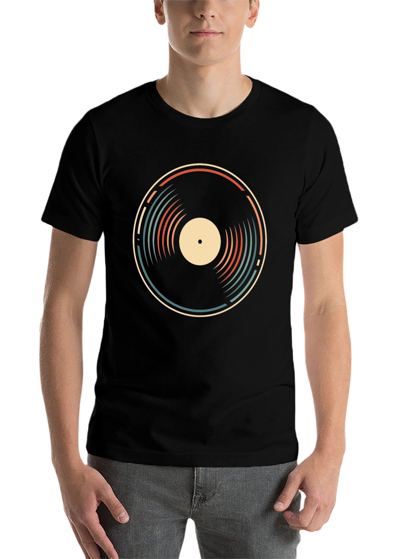 Black Retro Vinyl Record Graphic Tee - Black Cotton T-Shirt view 7