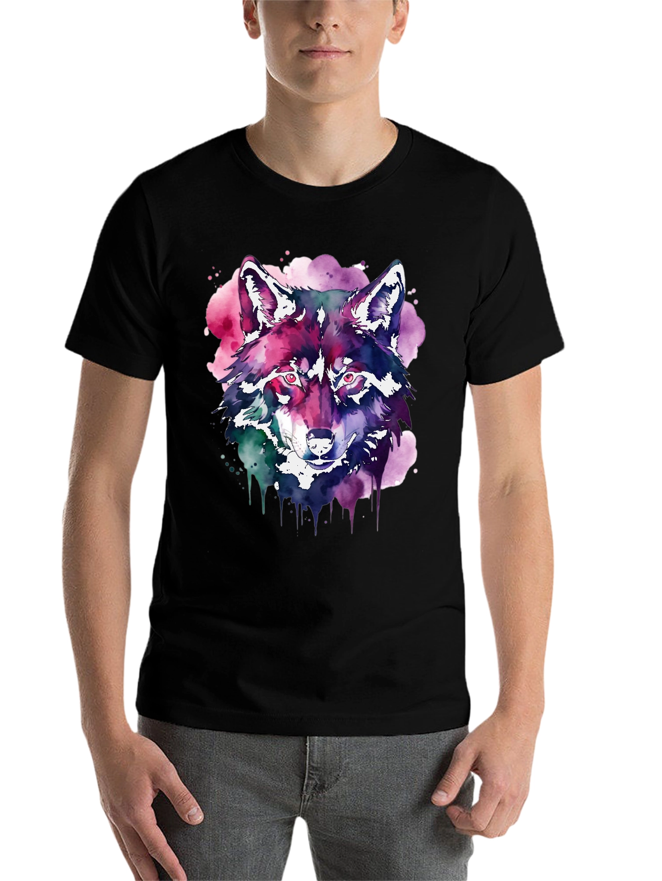 Black Watercolor Wolf Graphic T-Shirt - Black view 7