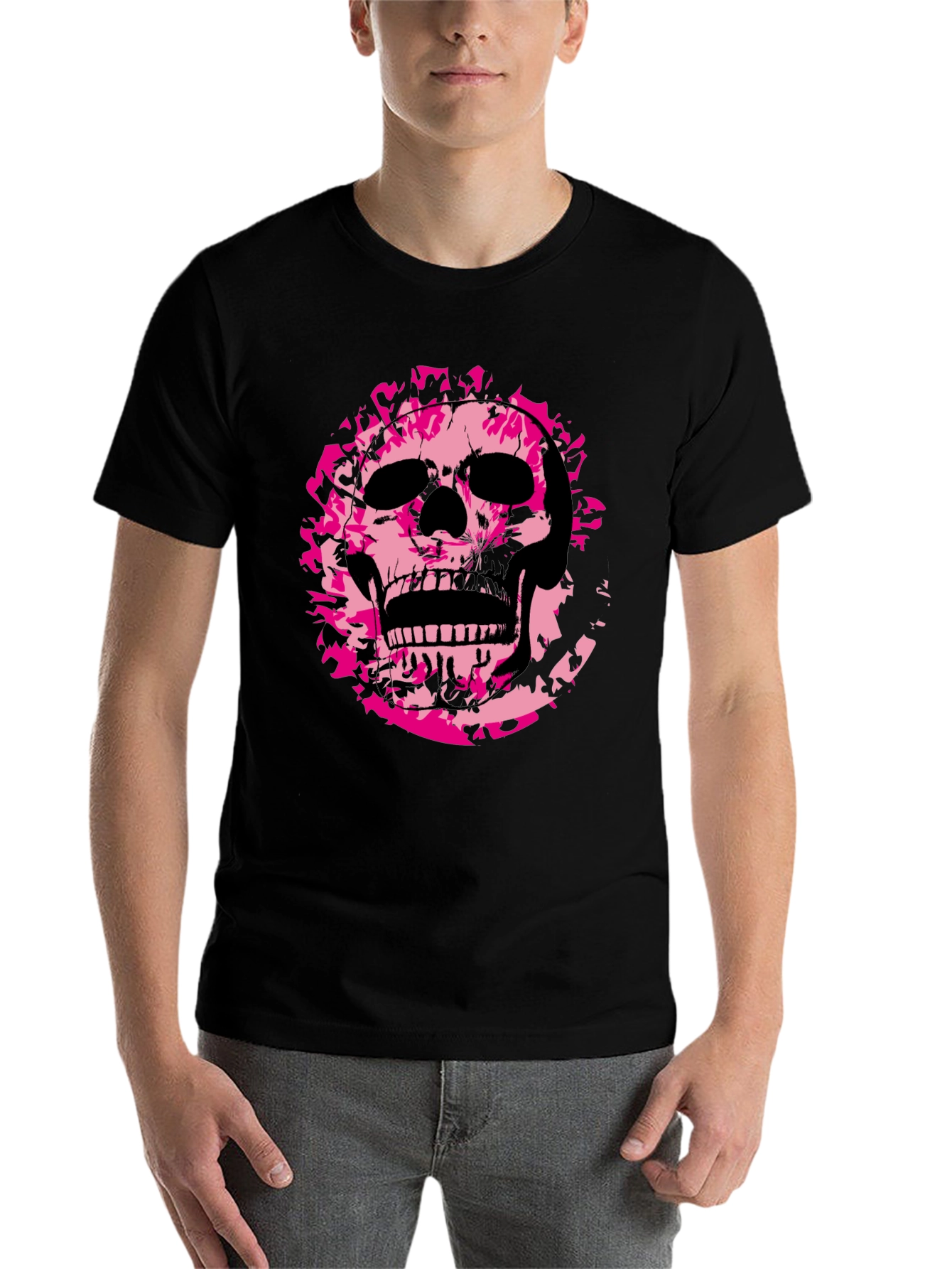 Black Edgy Pink Skull Graphic Black T-Shirt view 7