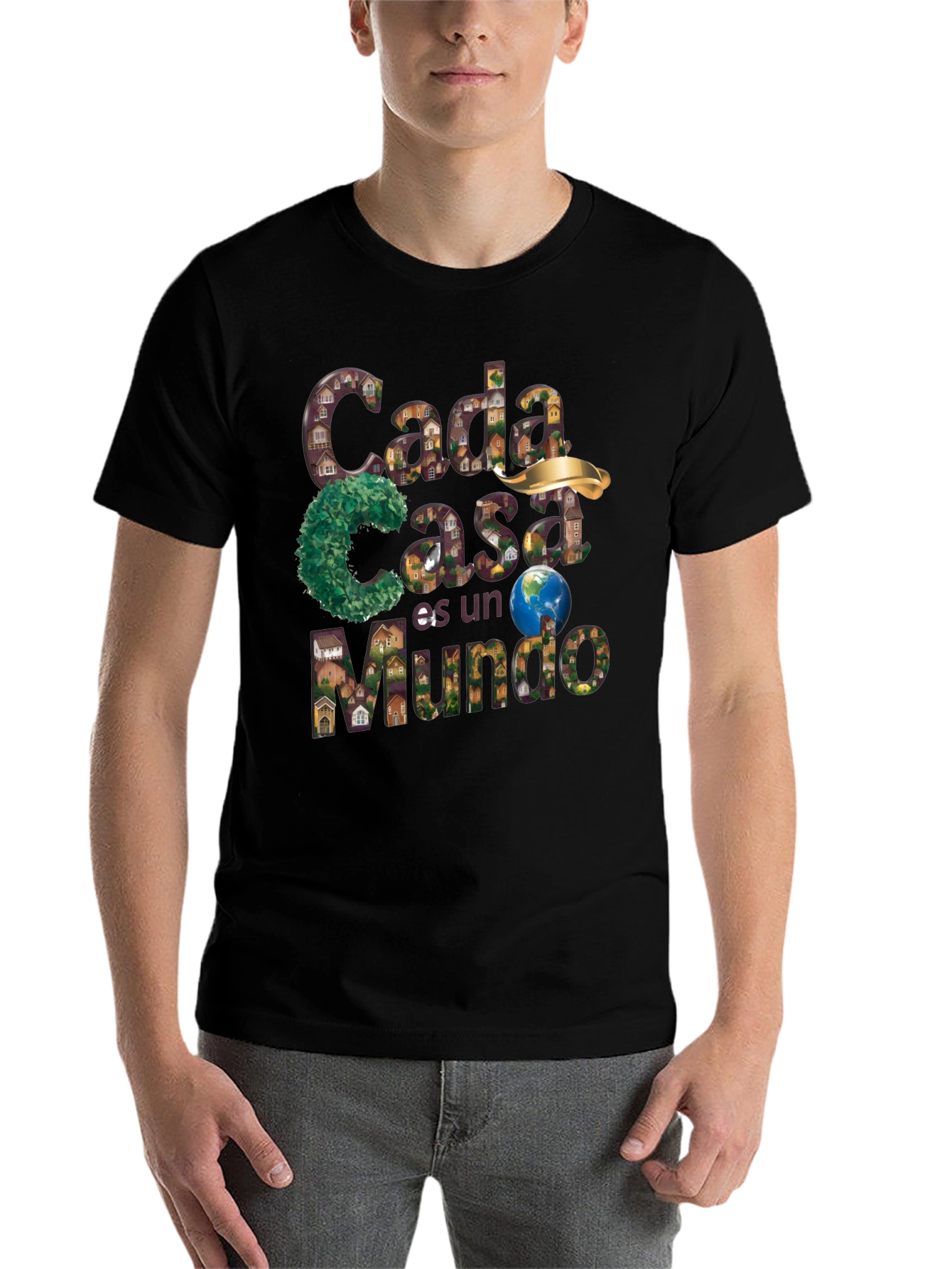 Black Unique Graphic T-Shirt - "Cada Casa es un Mundo" Design view 7