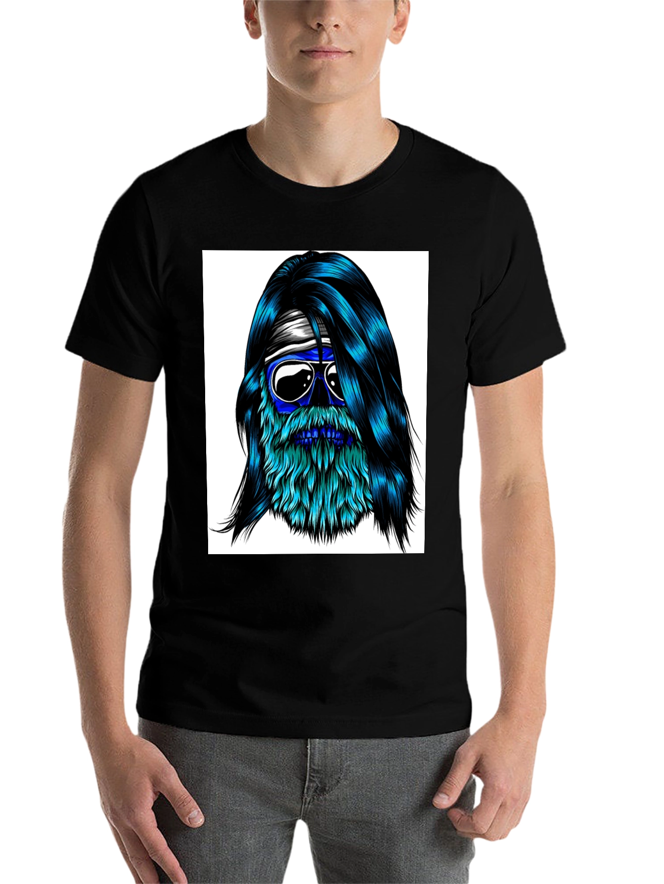 Black Cool Blue Bearded Skull T-Shirt view 7