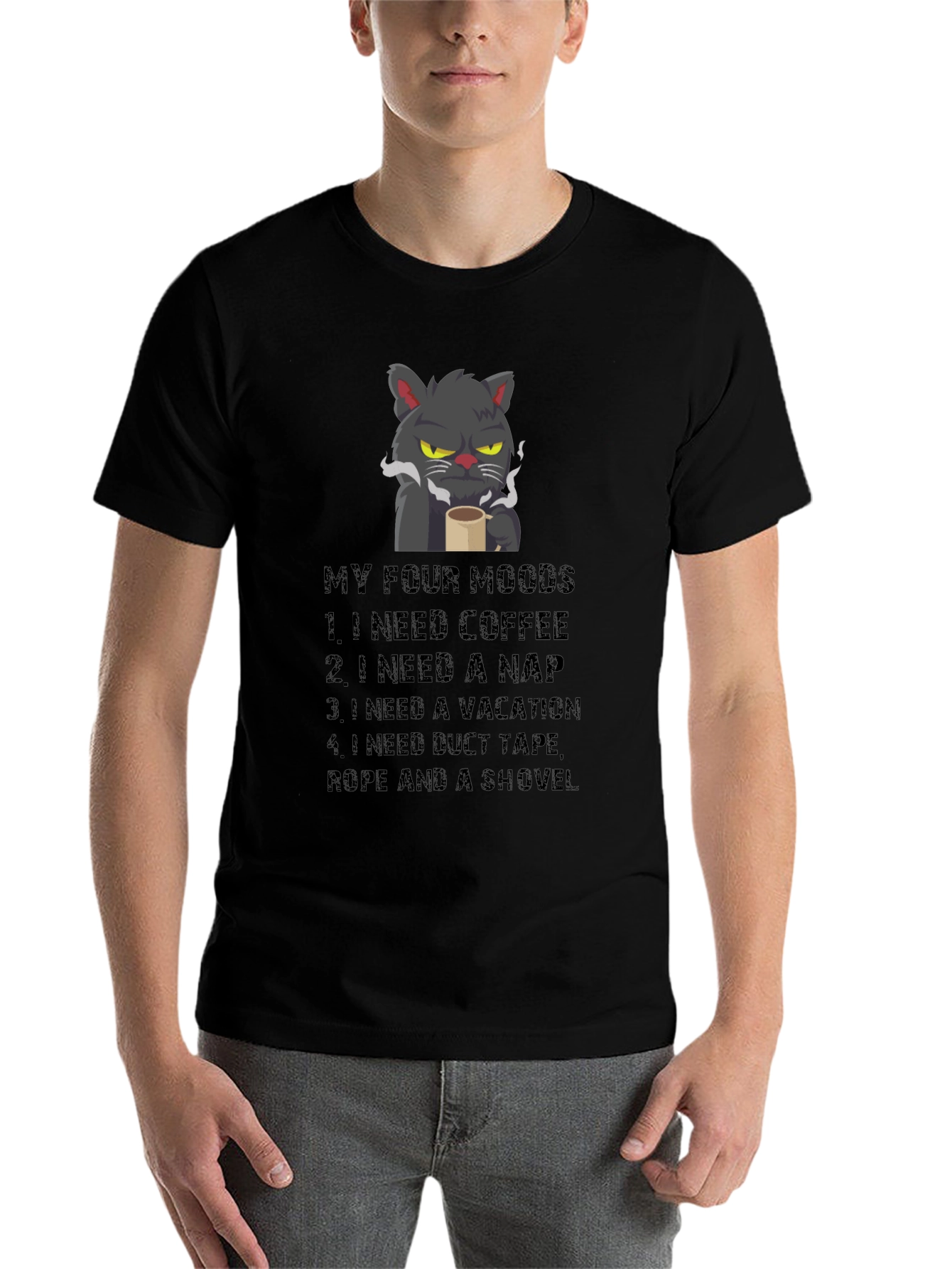 Black Funny Cat Moods T-Shirt - Coffee, Naps, Vacation, Duct Tape view 7