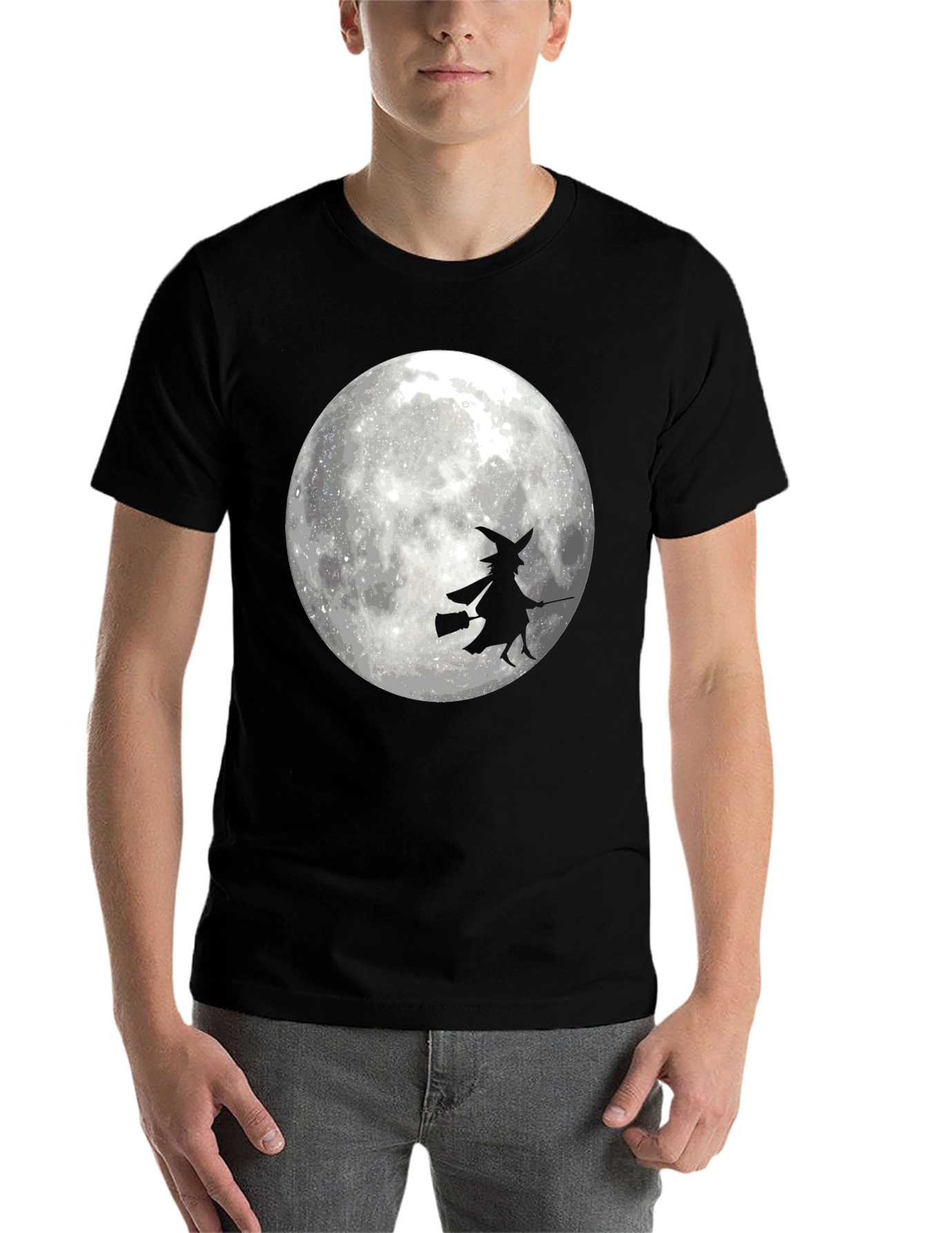 Black Halloween Witch on Moon Black T-Shirt view 7