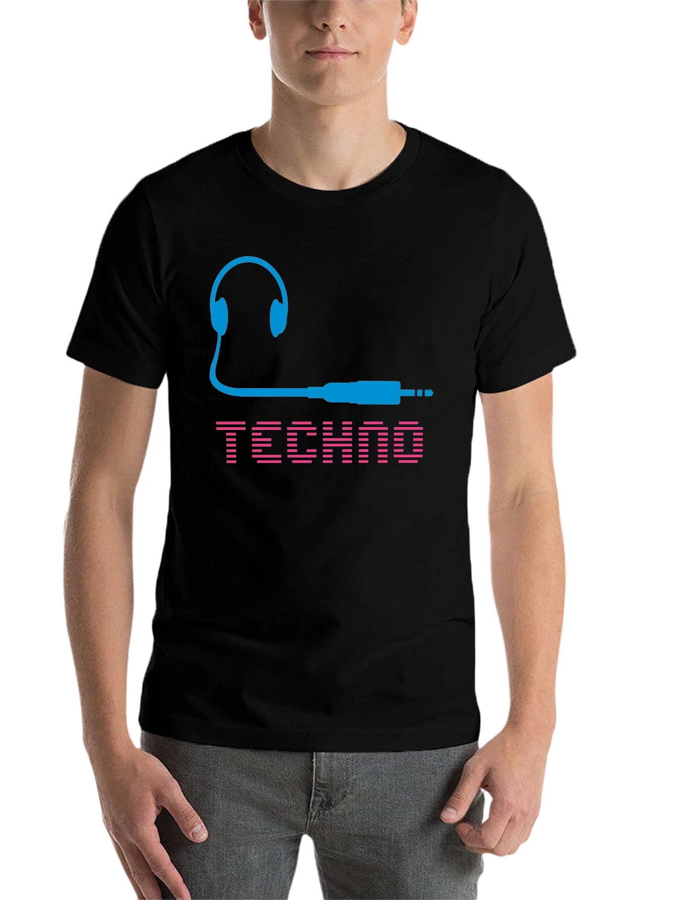 Black Techno Music T-Shirt - Headphones and Audio Jack Design view 7