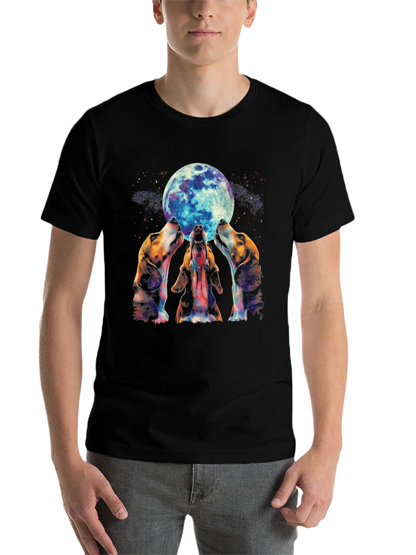 Black Dog Howling at Moon Graphic Tee - Black Cotton Blend view 7