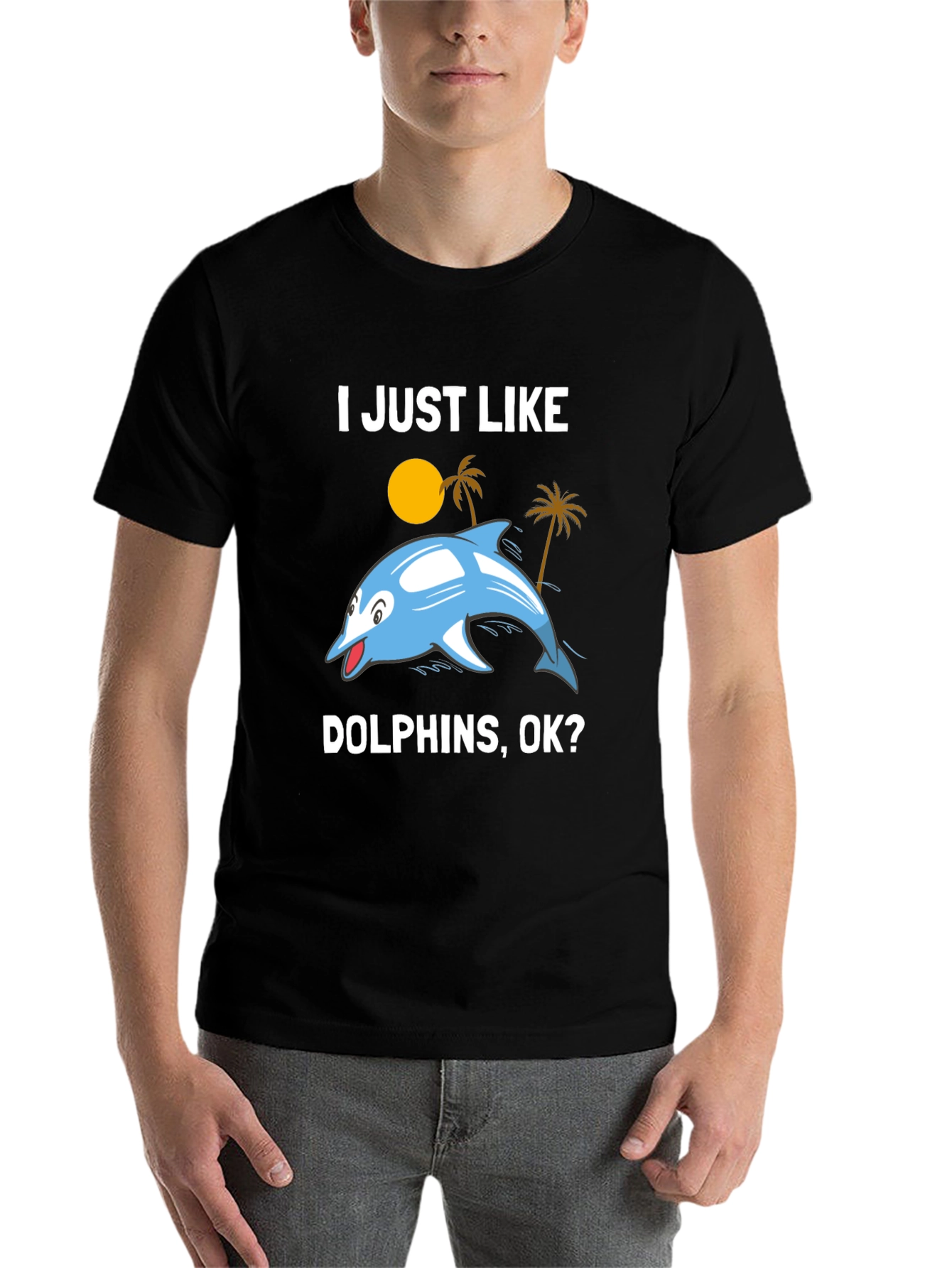 Black I Just Like Dolphins, OK? Graphic T-Shirt view 7