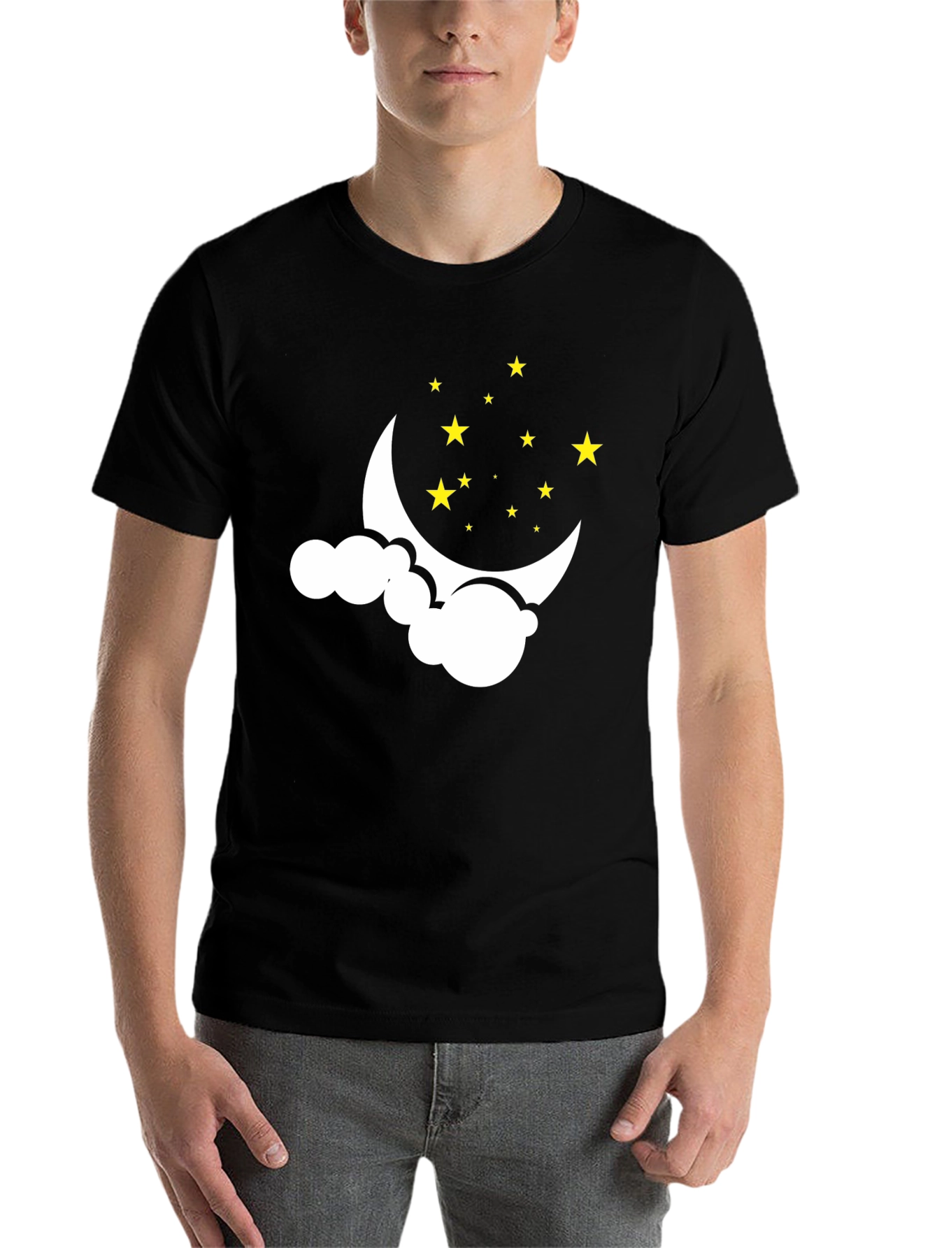 Black Dreamy Night Tee: Crescent Moon & Stars Graphic T-Shirt view 7