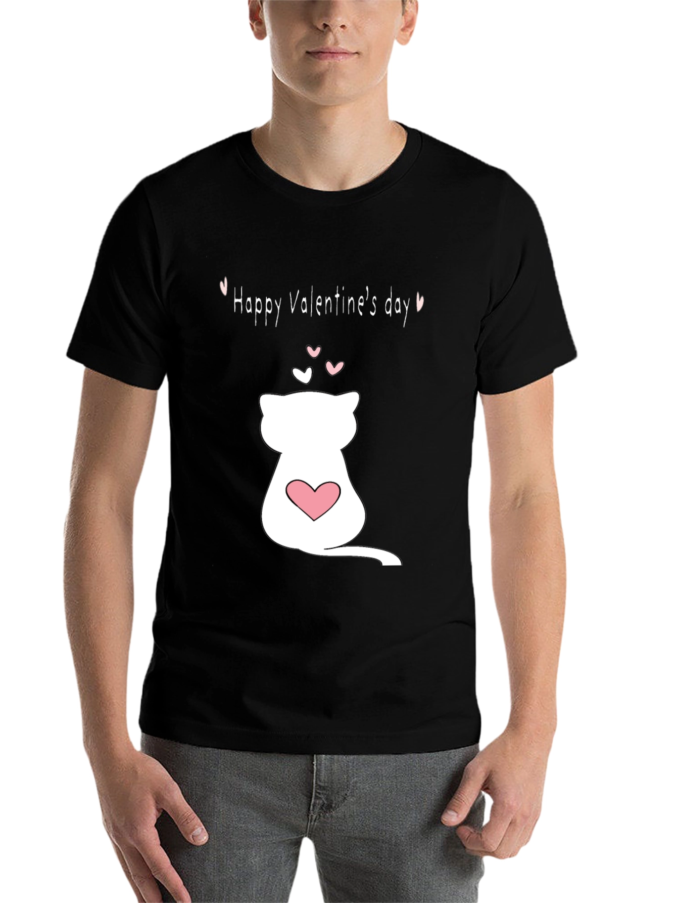 Black Cat Valentine's Day T-Shirt - Black Crew Neck view 7