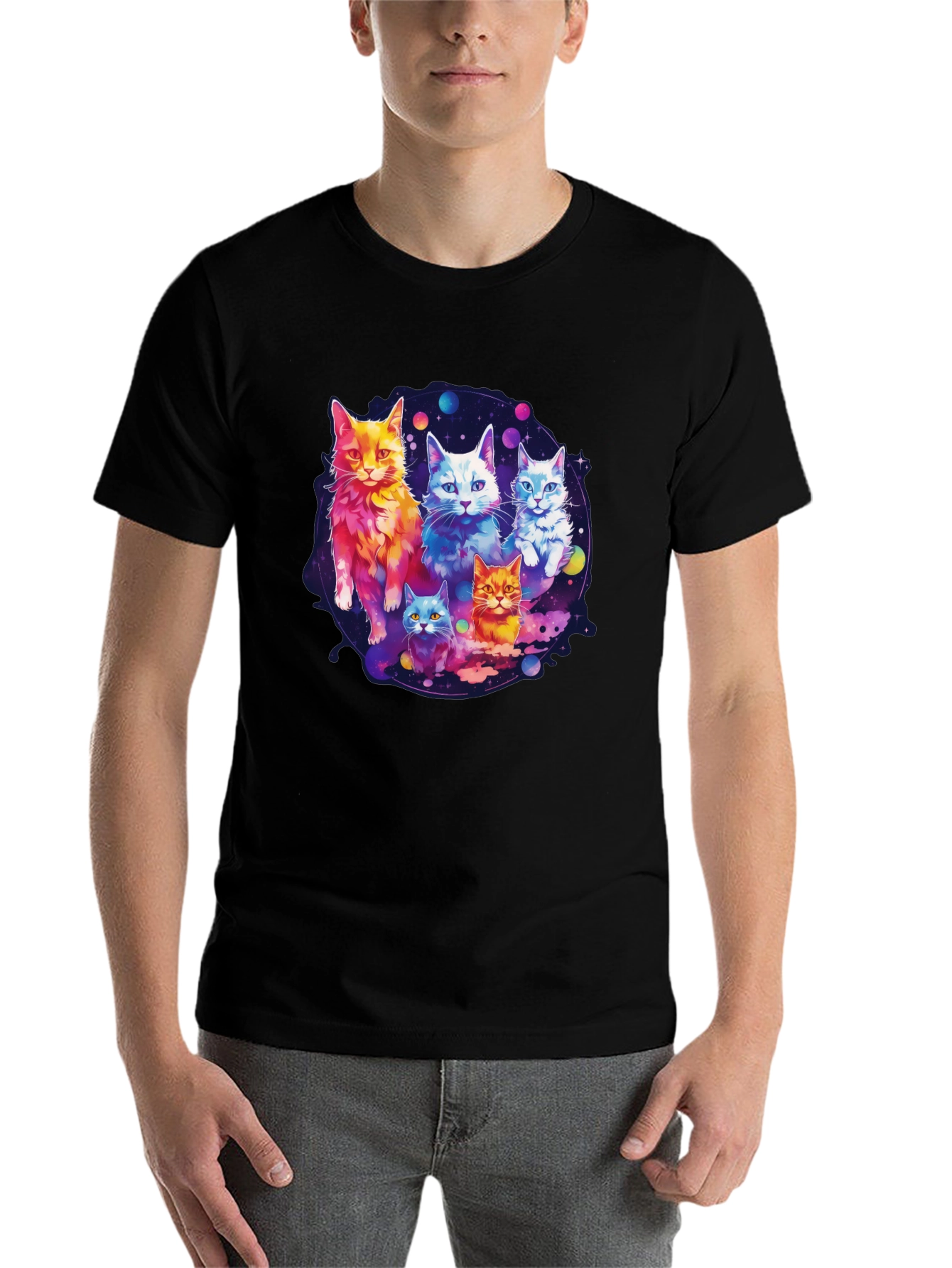 Black Cosmic Cat Crew T-Shirt - Galaxy Feline Design view 7