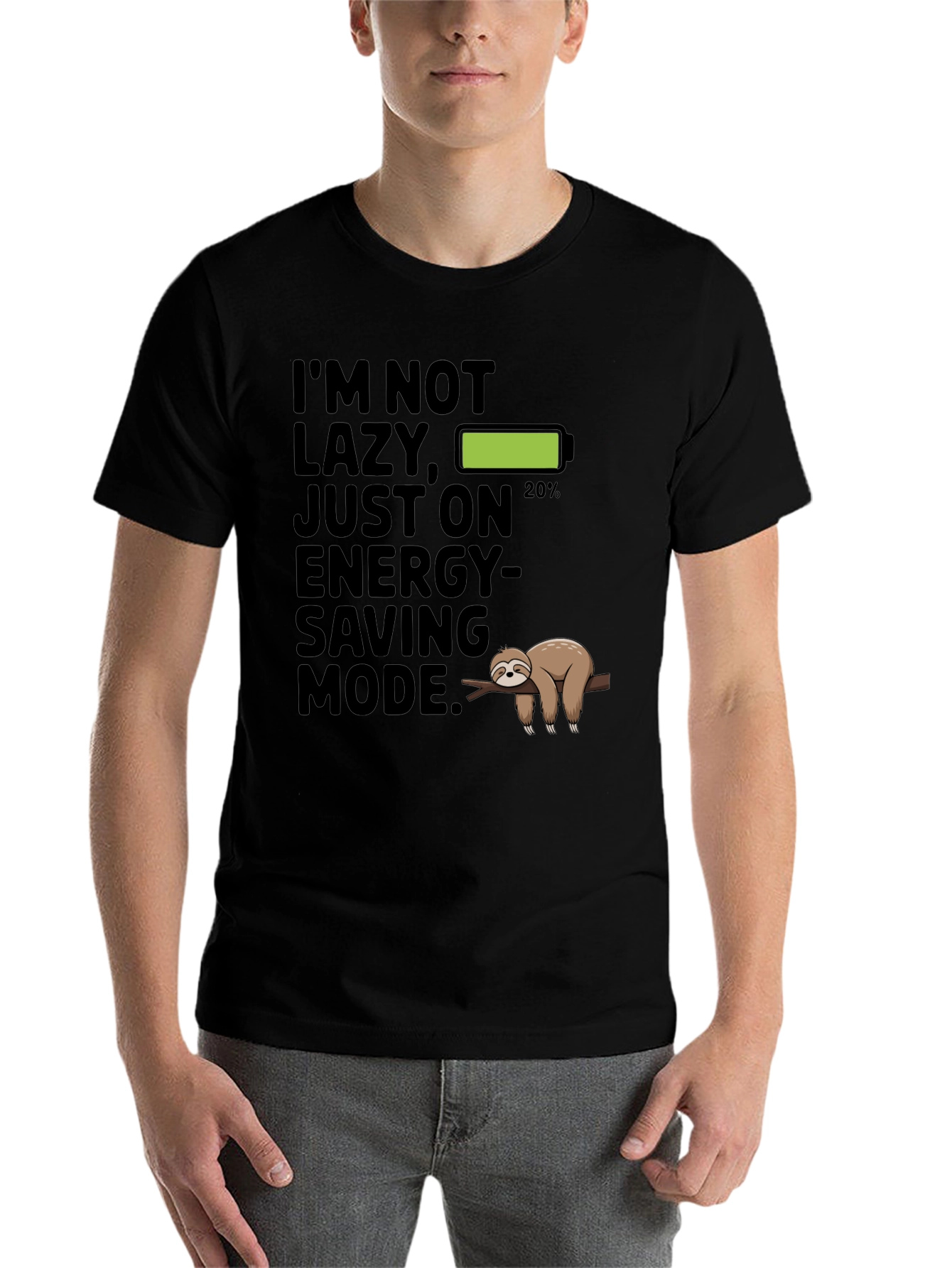 Black Funny Sloth Energy Saving Mode Graphic T-Shirt view 7