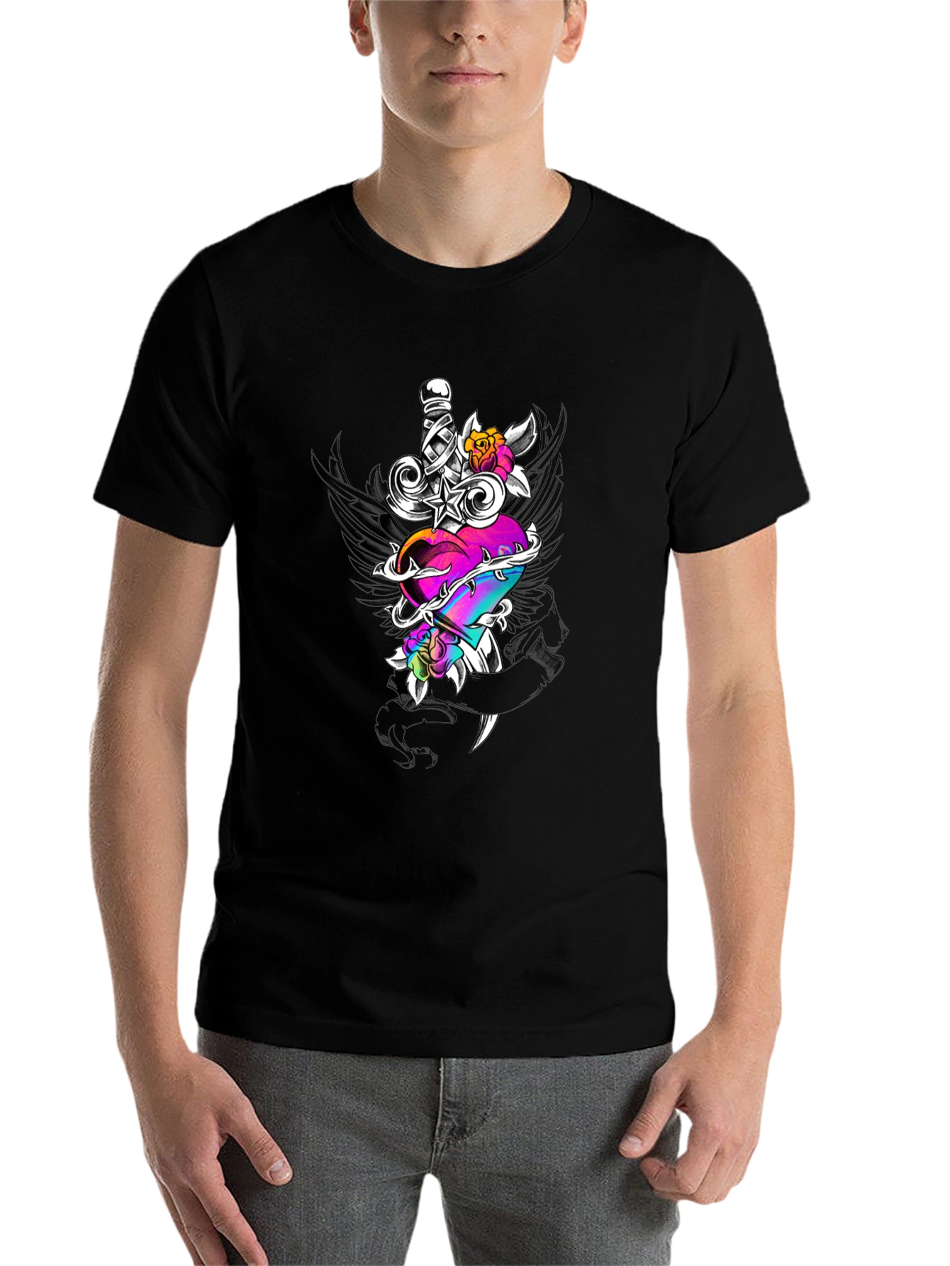 Black Heart & Dagger Graphic Tee - Black Unisex Shirt view 7