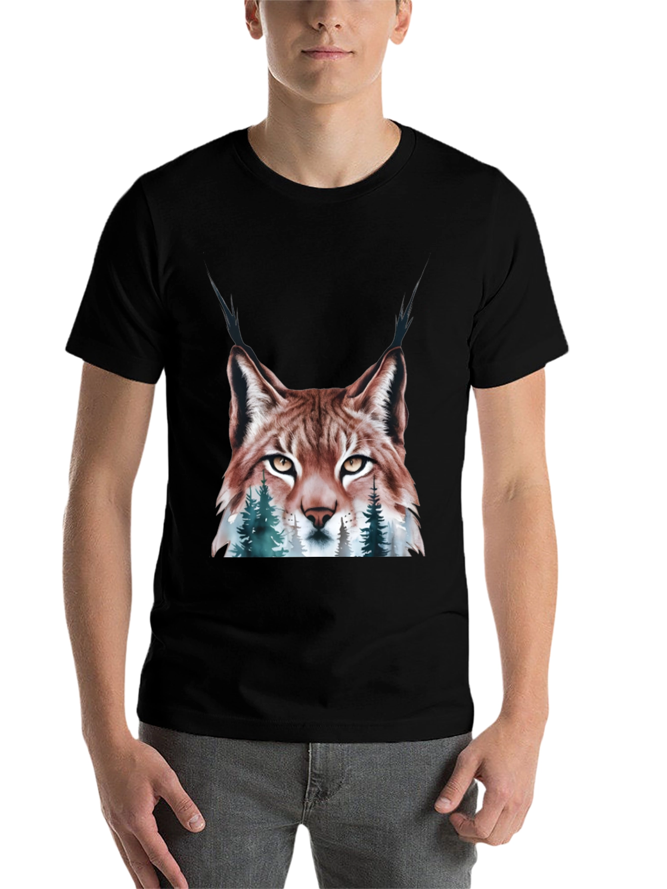 Black Lynx & Forest Graphic Print T-Shirt - Nature Inspired Tee view 7