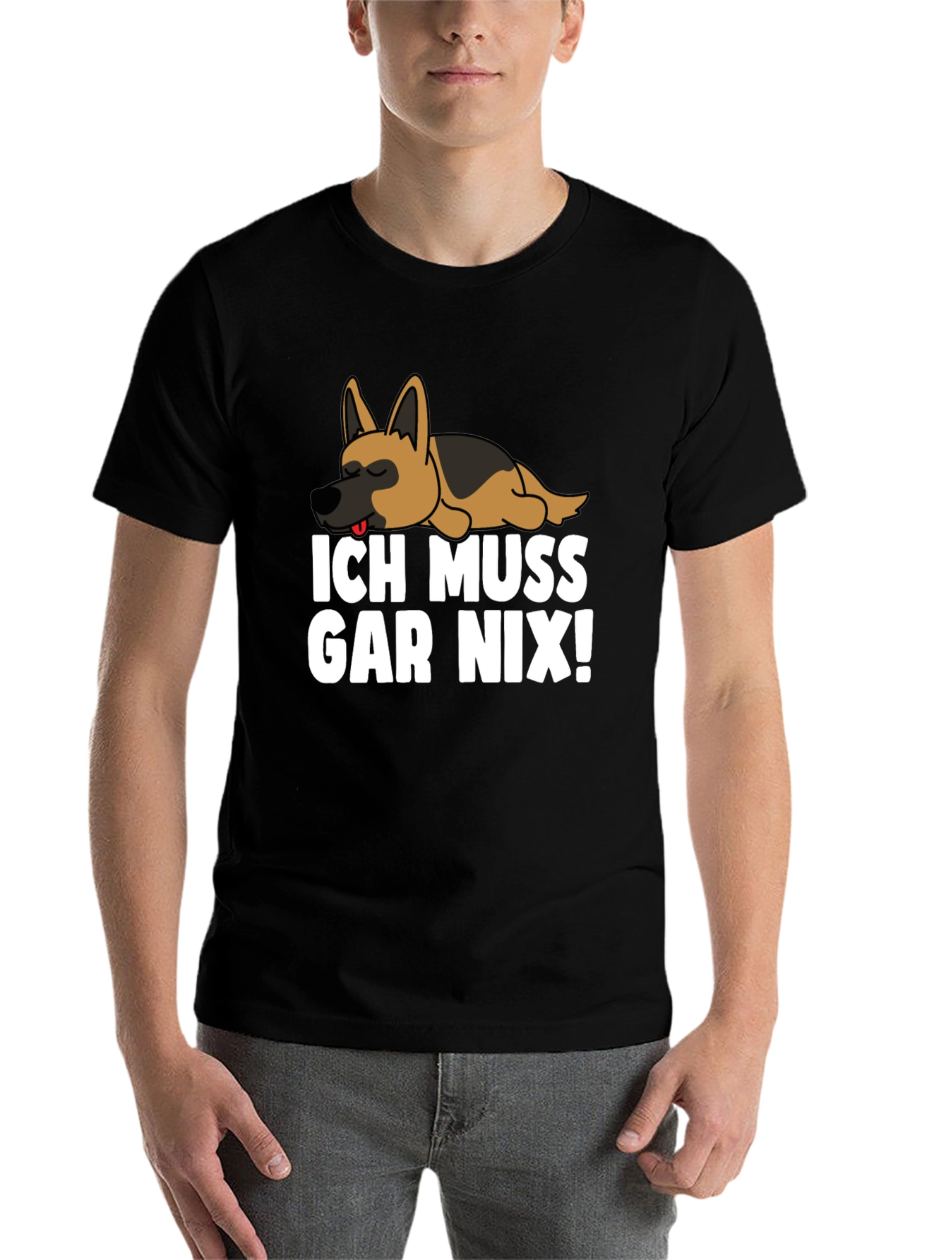 Black Ich Muss Gar Nix! T-Shirt with Sleeping German Shepherd view 7
