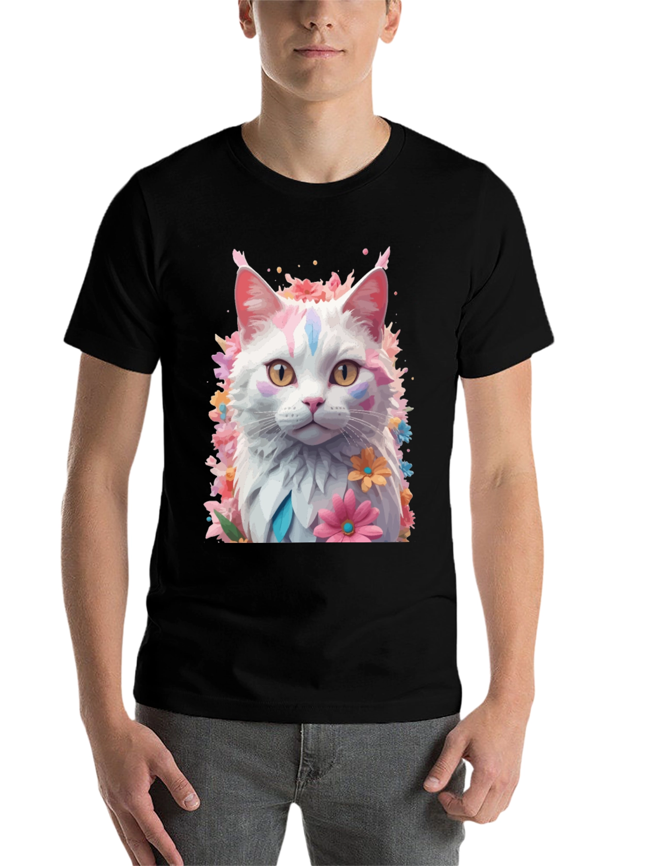 Black Floral Cat T-Shirt - Artistic Graphic Tee view 7