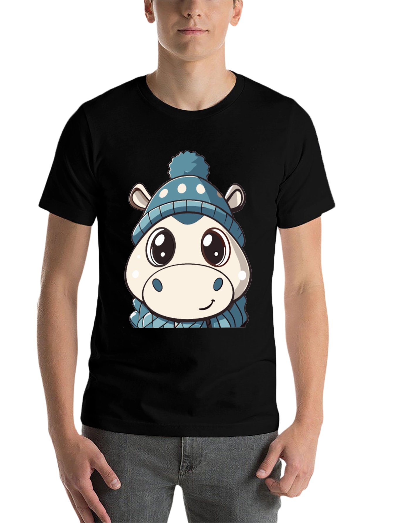 Black Cute Hippo in Hat Graphic Black T-Shirt view 7