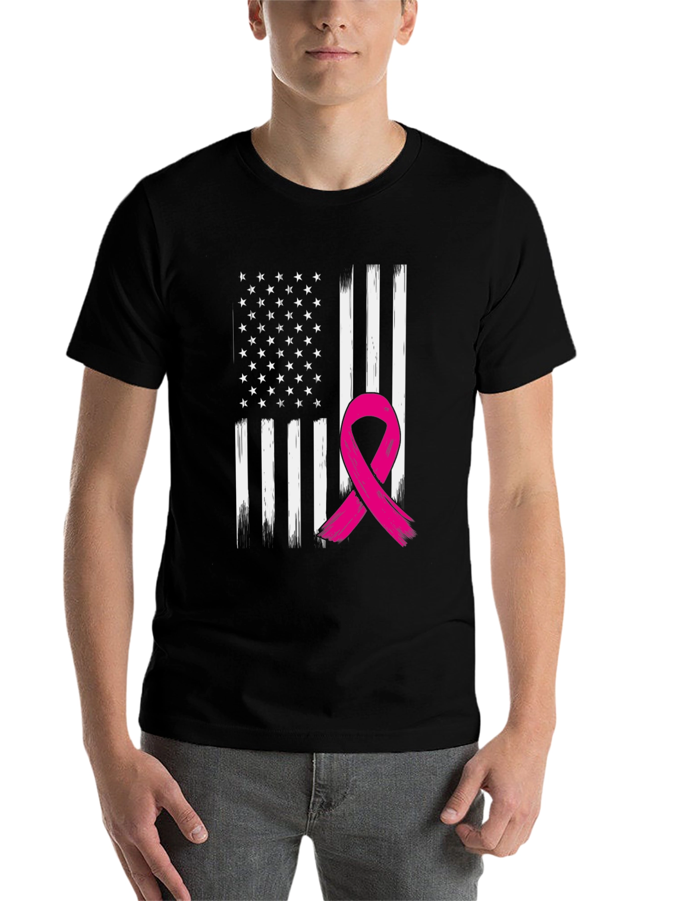 Black American Flag Breast Cancer Awareness T-Shirt view 7