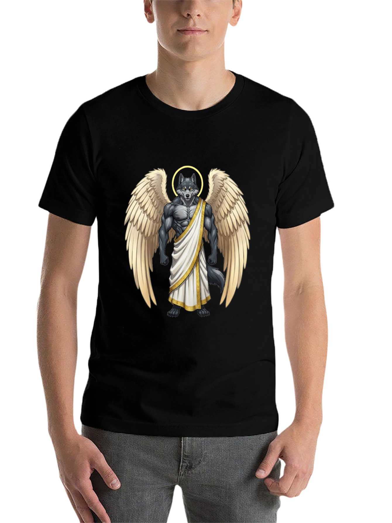 Black Angel Wolf Graphic Tee - Black Cotton T-Shirt view 7