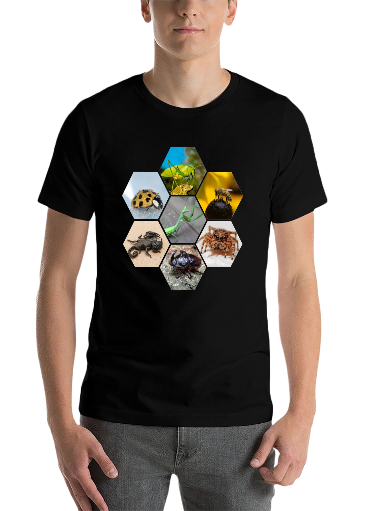 Black Insect Hexagon T-Shirt - Unique Nature Design view 7
