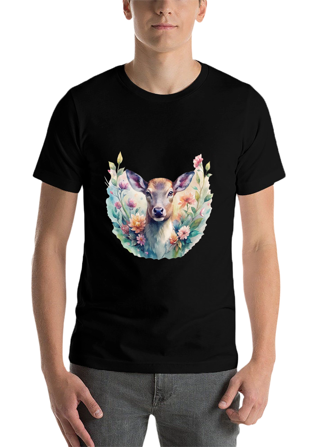 Black Floral Deer Graphic Tee - Stylish Men's Black T-Shirt view 7