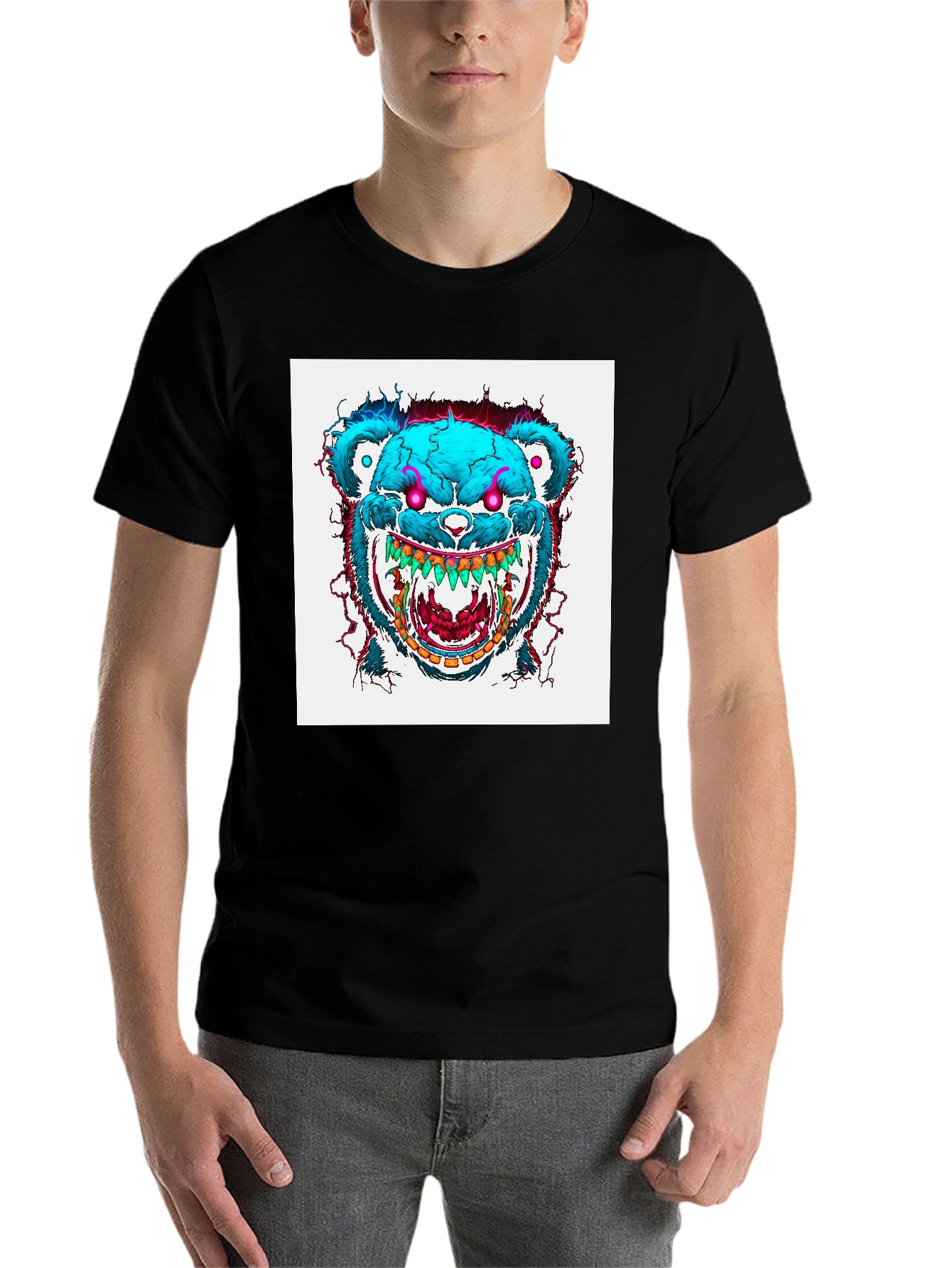 Black Men's Black T-Shirt with Graphic Bear Design view 7