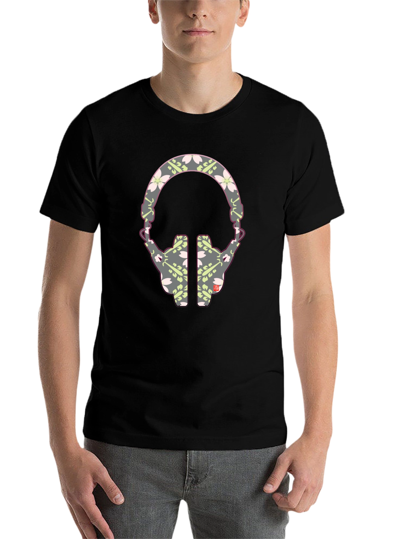 Black Stylish Headphone Pattern T-Shirt - Unique Graphic Tee view 7