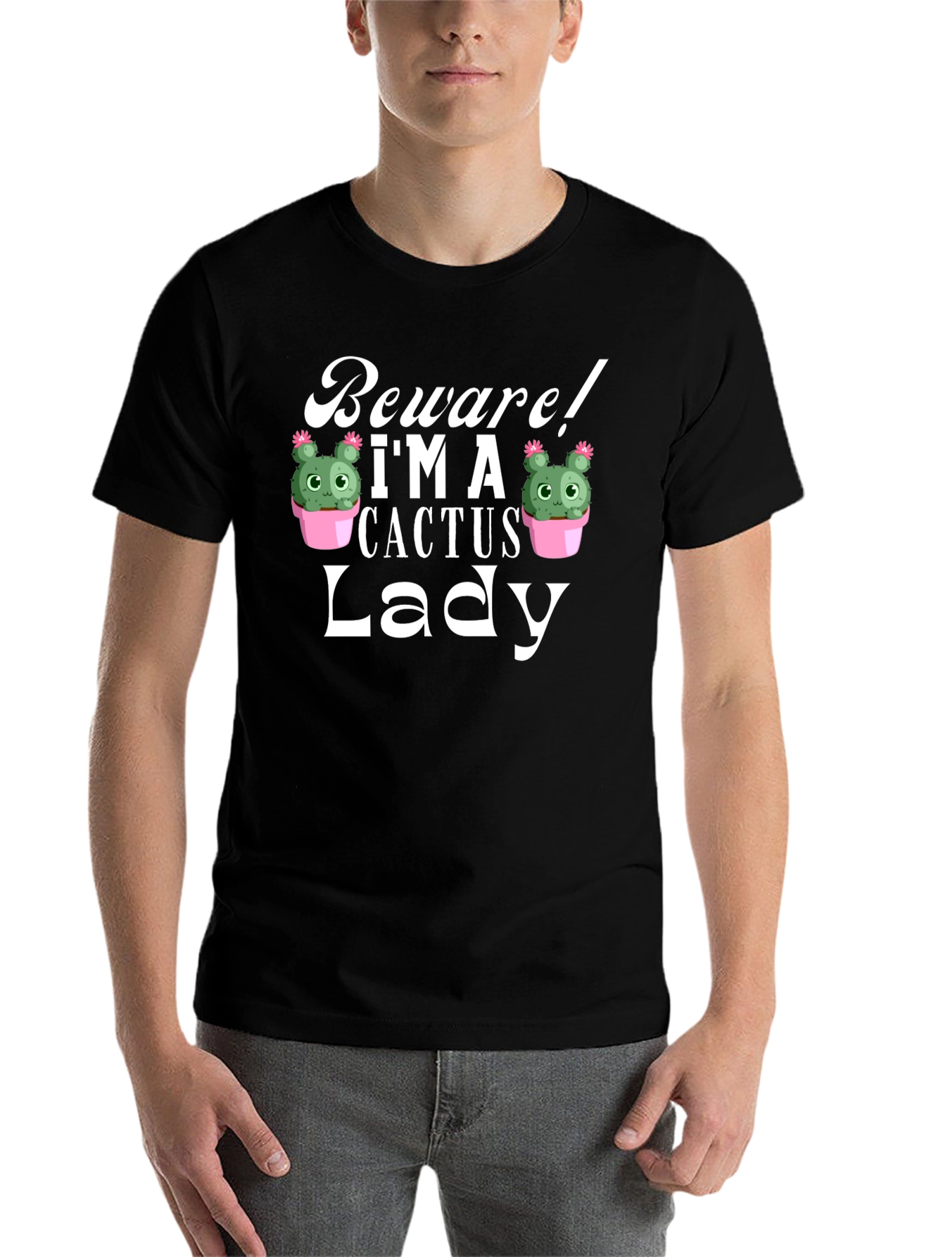 Black Beware! I'm a Cactus Lady - Novelty Graphic T-Shirt view 7