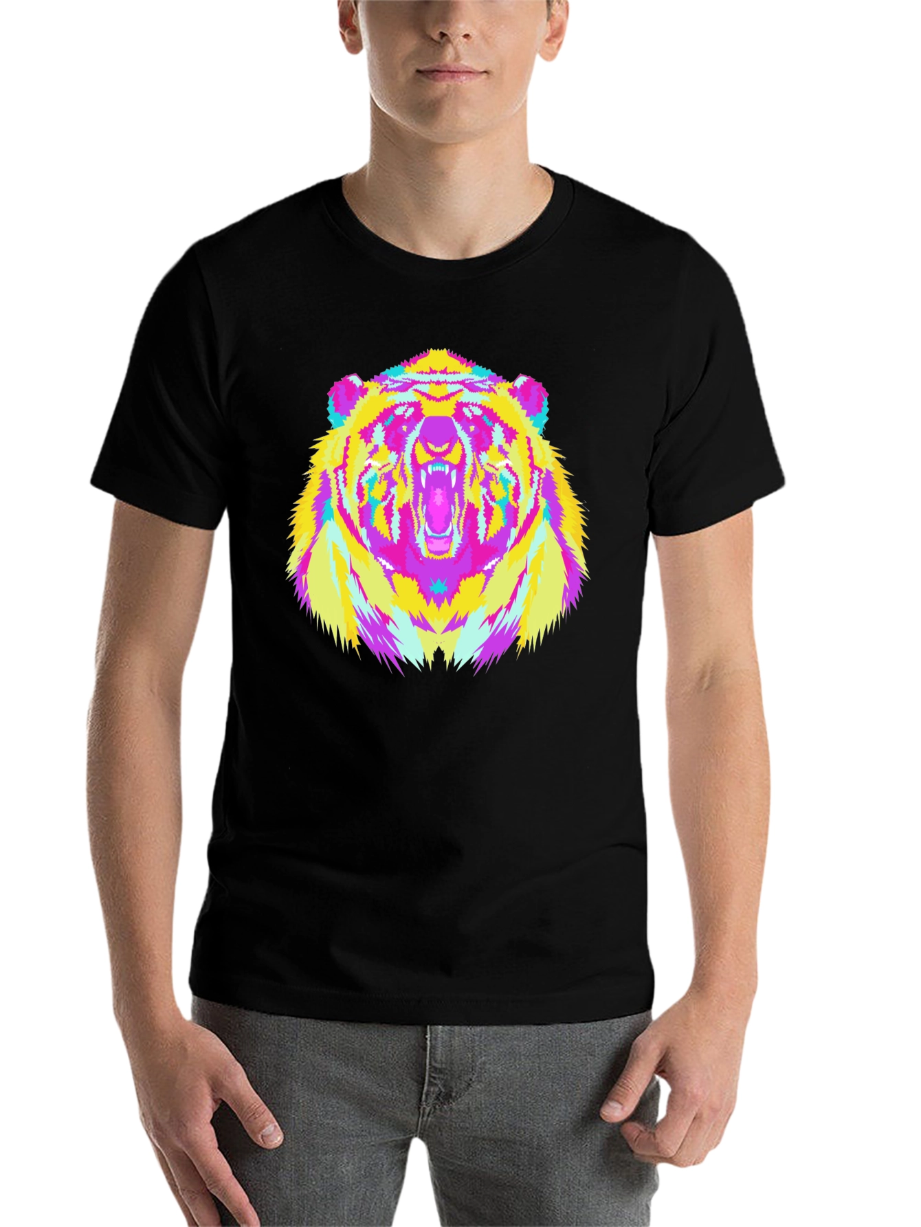 Black Vibrant Bear Graphic Tee - Black Cotton Blend view 7