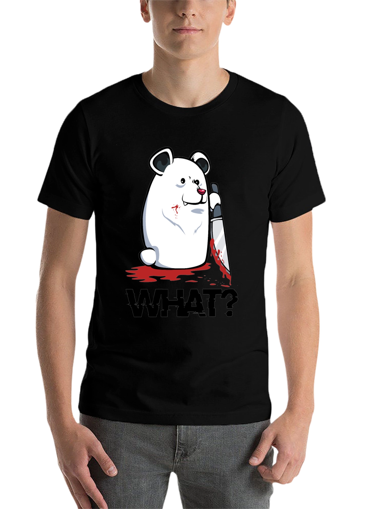 Black Creepy Polar Bear "WHAT?" Graphic T-Shirt view 7