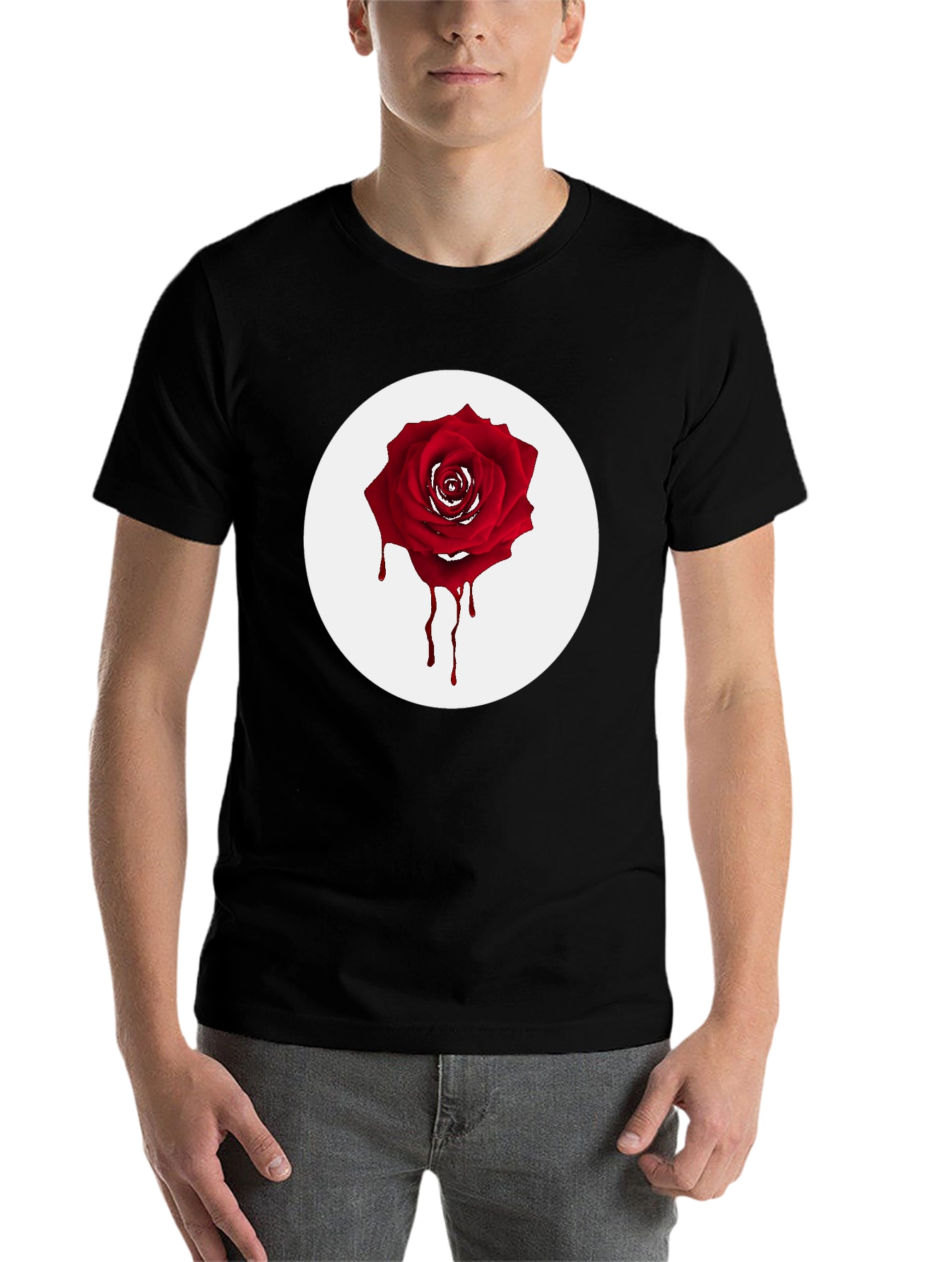 Black Men's Black T-Shirt with Bleeding Rose Graphic view 7