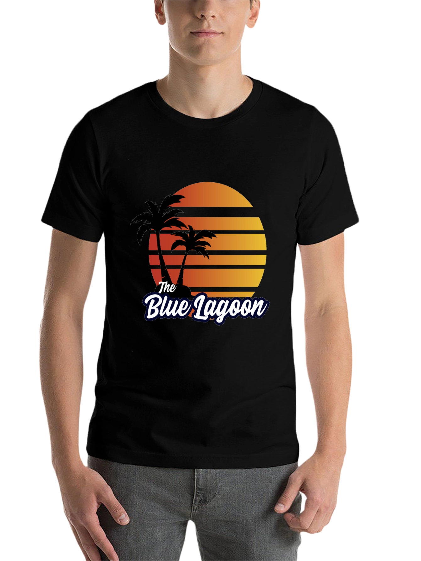Black The Blue Lagoon Retro T-Shirt - Palm Tree Sunset Tee view 7