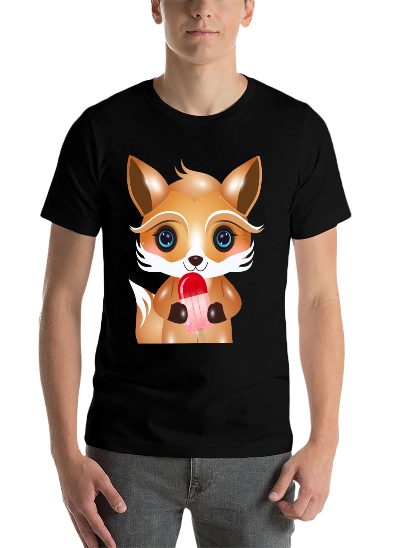 Black Cute Cartoon Fox Ice Cream Graphic Tee view 7