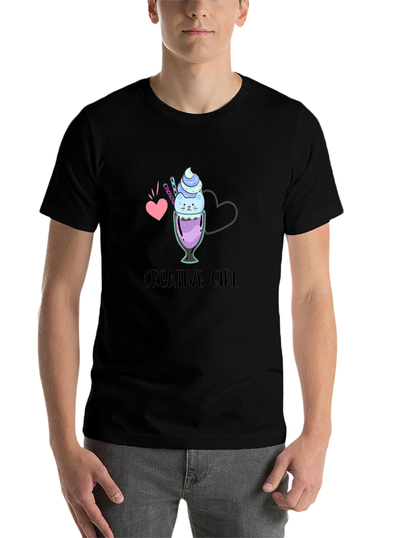 Black Creative Girl Ice Cream Cat Graphic Black T-Shirt view 7