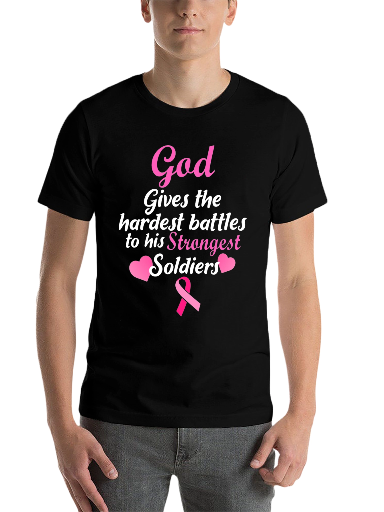 Black God Gives Battles T-Shirt - Strongest Soldiers - Pink Ribbon view 7