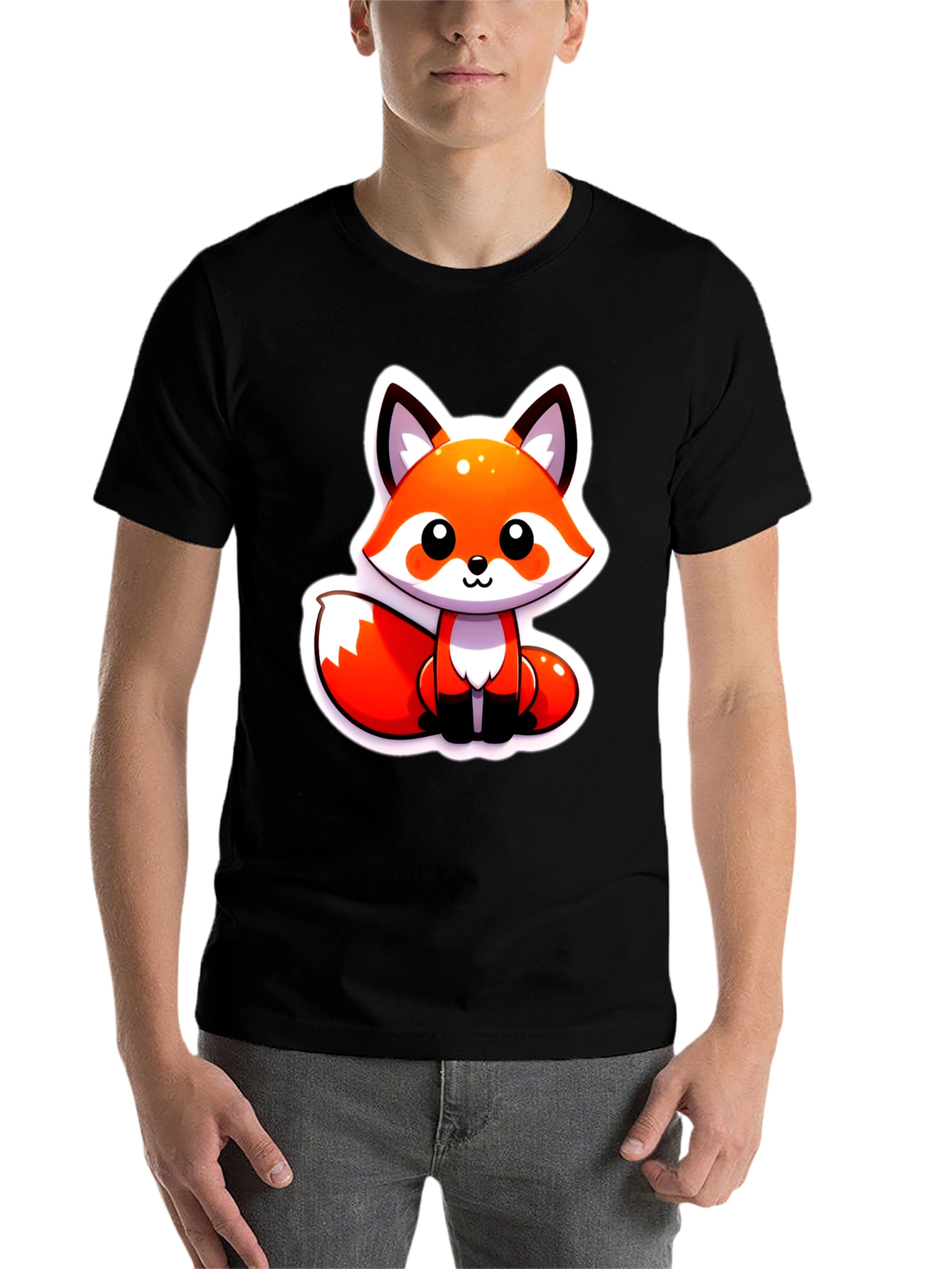 Black Cute Cartoon Fox Graphic Tee - Soft Black Unisex Shirt view 7