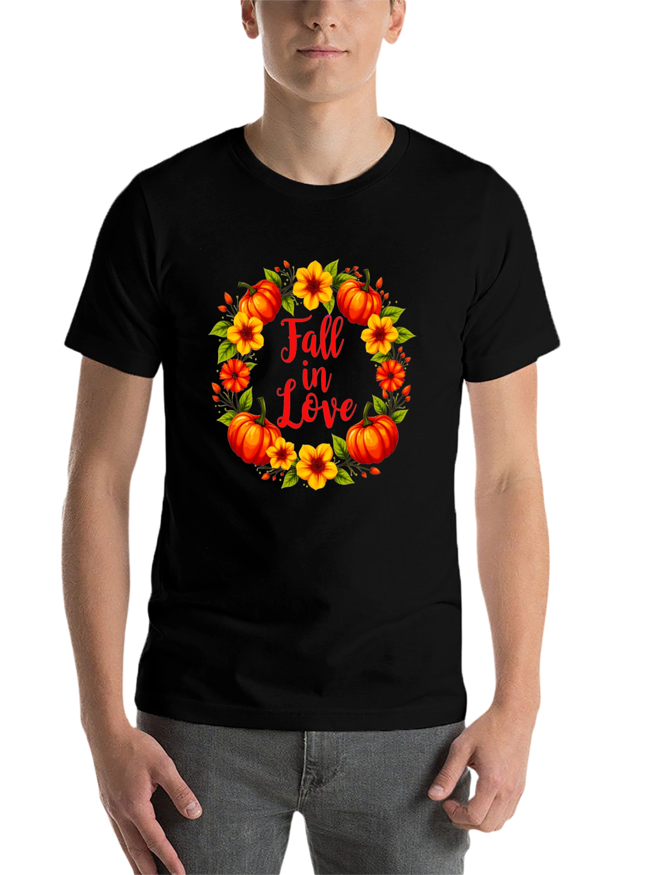 Black Fall In Love Pumpkin Floral Wreath Graphic Tee view 7