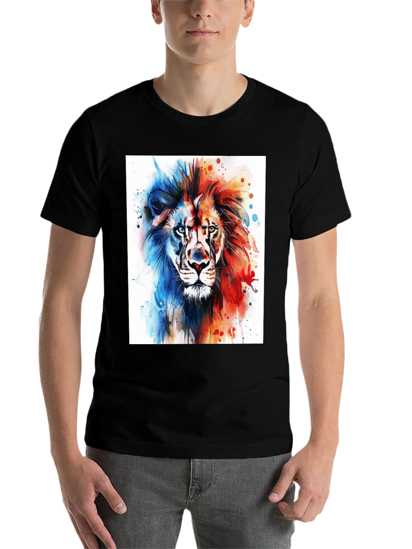 Black Watercolor Lion Graphic Tee - Men's Black T-Shirt view 7