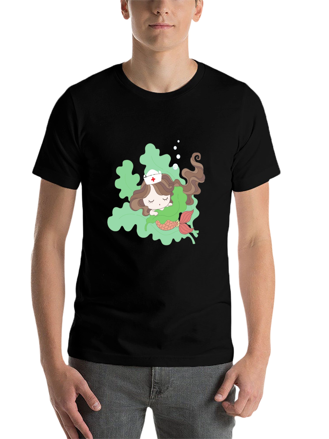 Black Mermaid Nurse T-Shirt - Cute Cartoon Design view 7