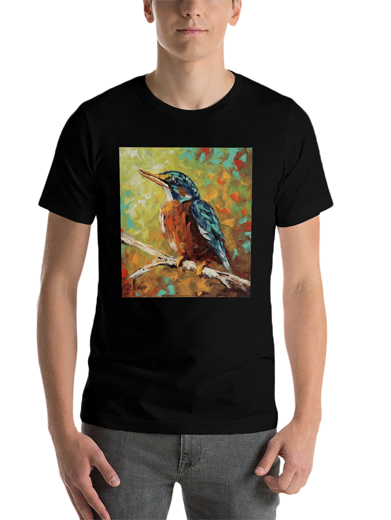 Black Kingfisher Bird Art T-Shirt view 7